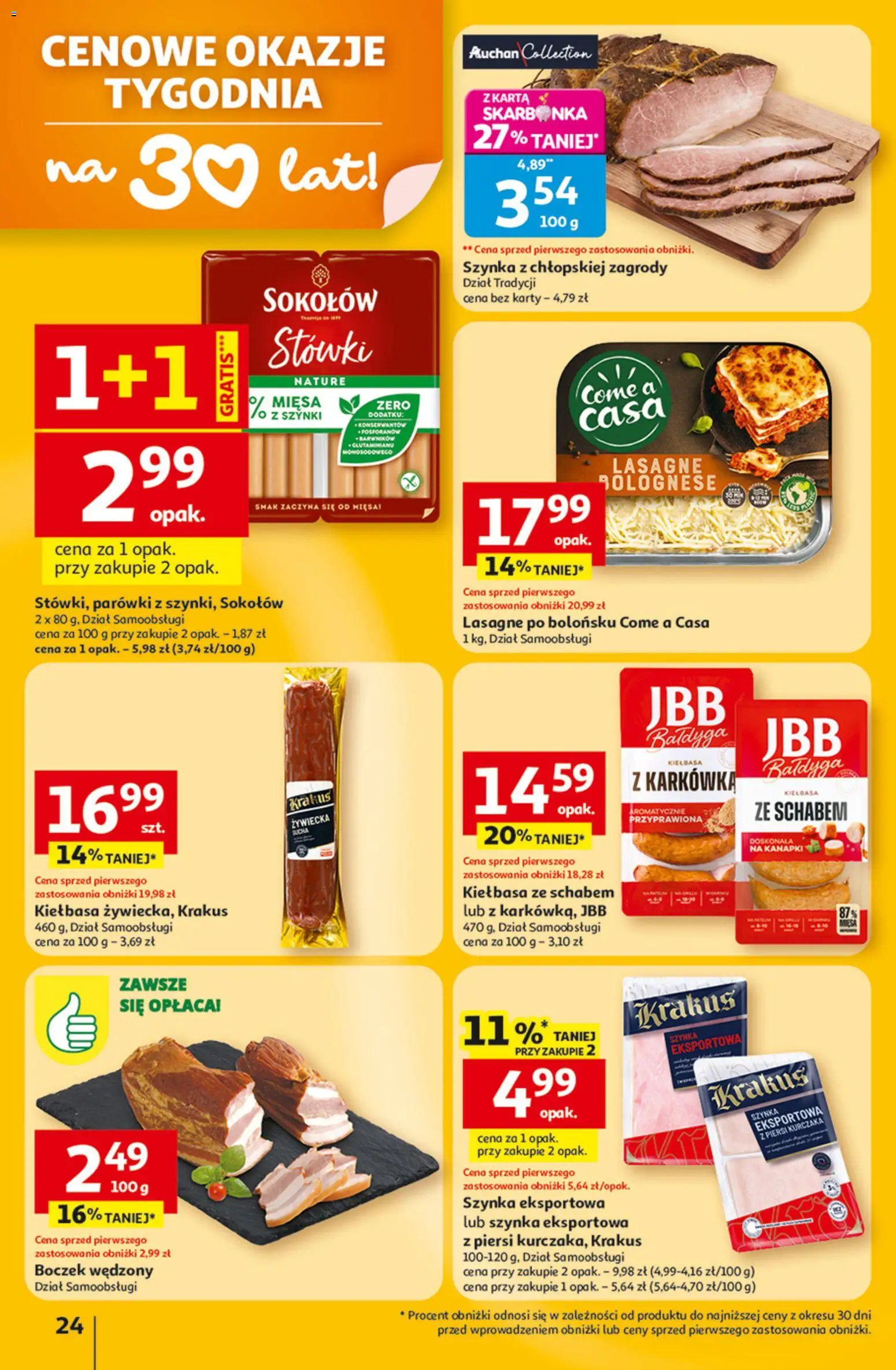 Auchan gazetka - 30 Lat Hipermarket od 05.03.2026 | Strona: 24 | Produkty: Parówki, Lasagne, Boczek wędzony, Lasagne bolognese