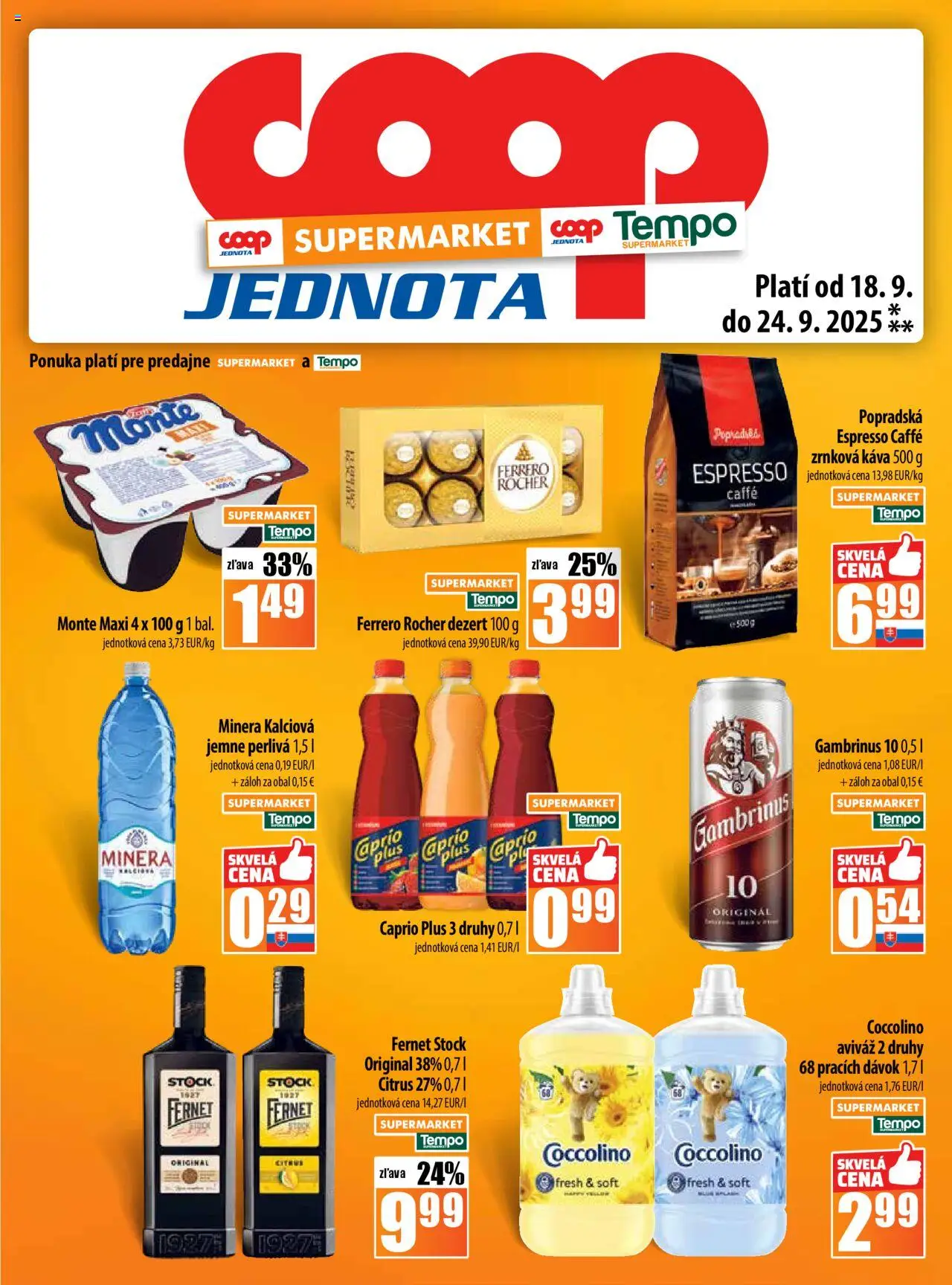Nové COOP Jednota akcie – leták je platný od 18.09.2025 | Strana: 13 | Produkty: Fernet Stock, Ferrero Rocher, Gambrinus, Zrnková káva