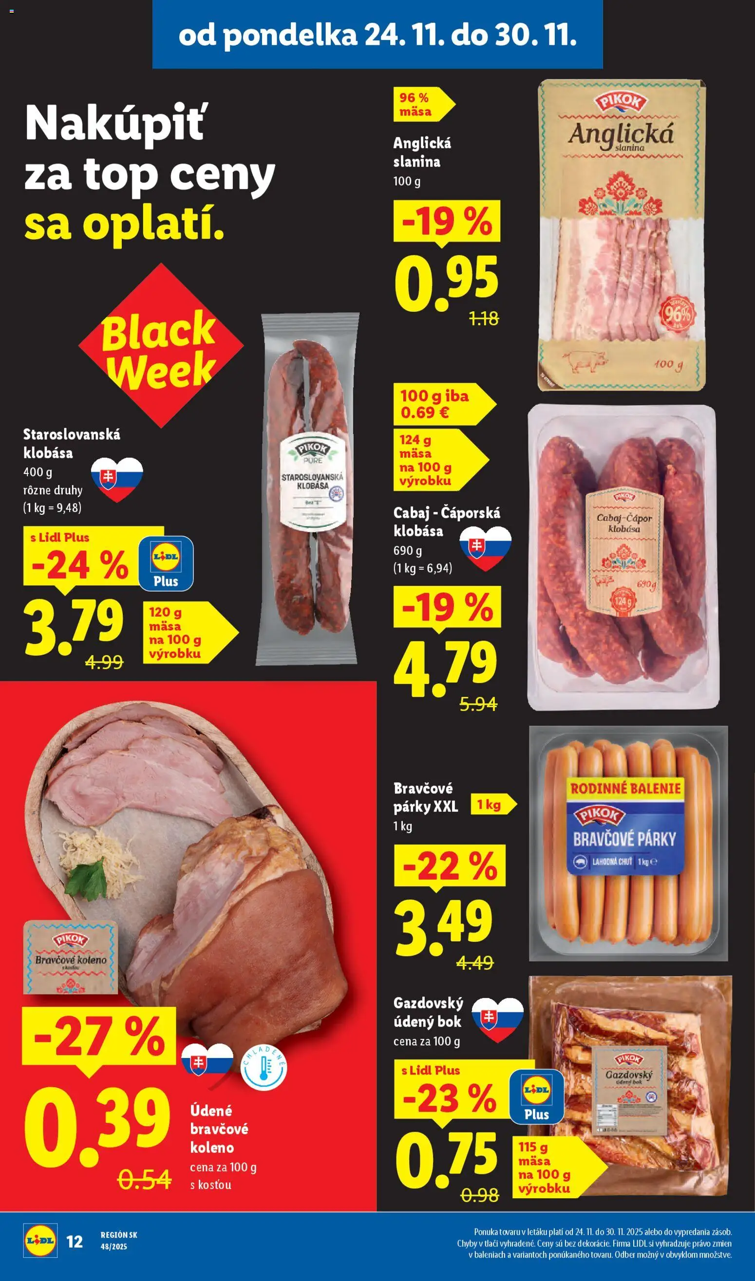 Nové Lidl akcie – leták je platný od 24.11.2025 | Strana: 14 | Produkty: Slanina, Klobása, Bravčové koleno, Párky