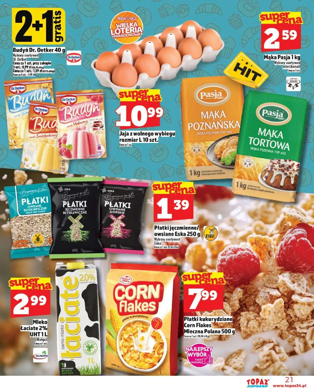 Topaz Gazetka - Express od 11.09.2025 | Strona: 21 | Produkty: Płatki owsiane, Płatki kukurydziane, Mleko, Jaja