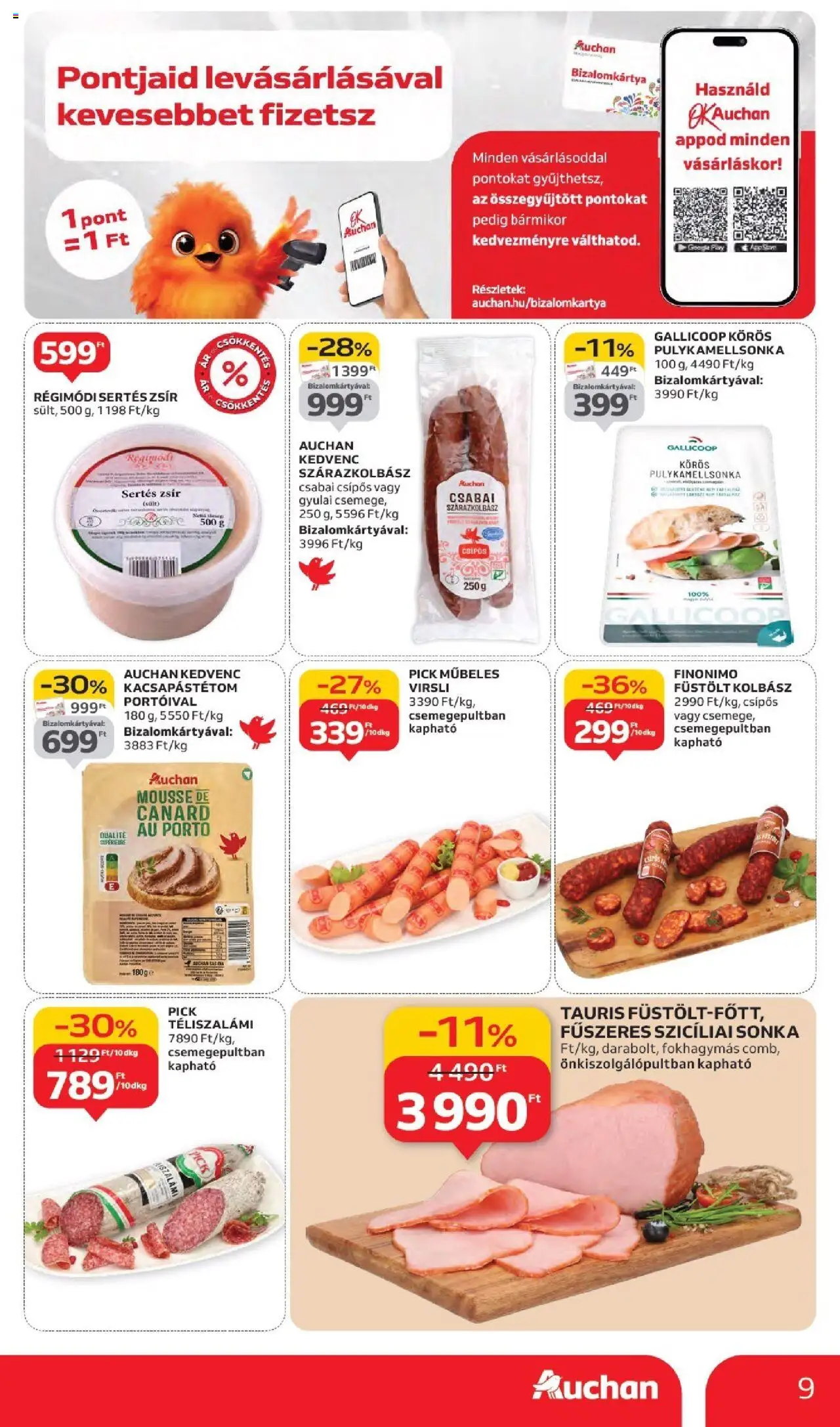 Auchan akciós ujság - amely érvényes a következő dátumtól: 11.09.2025 | Oldal: 9 | Termékek: Virsli, Pick téliszalámi, Pick, Téliszalámi