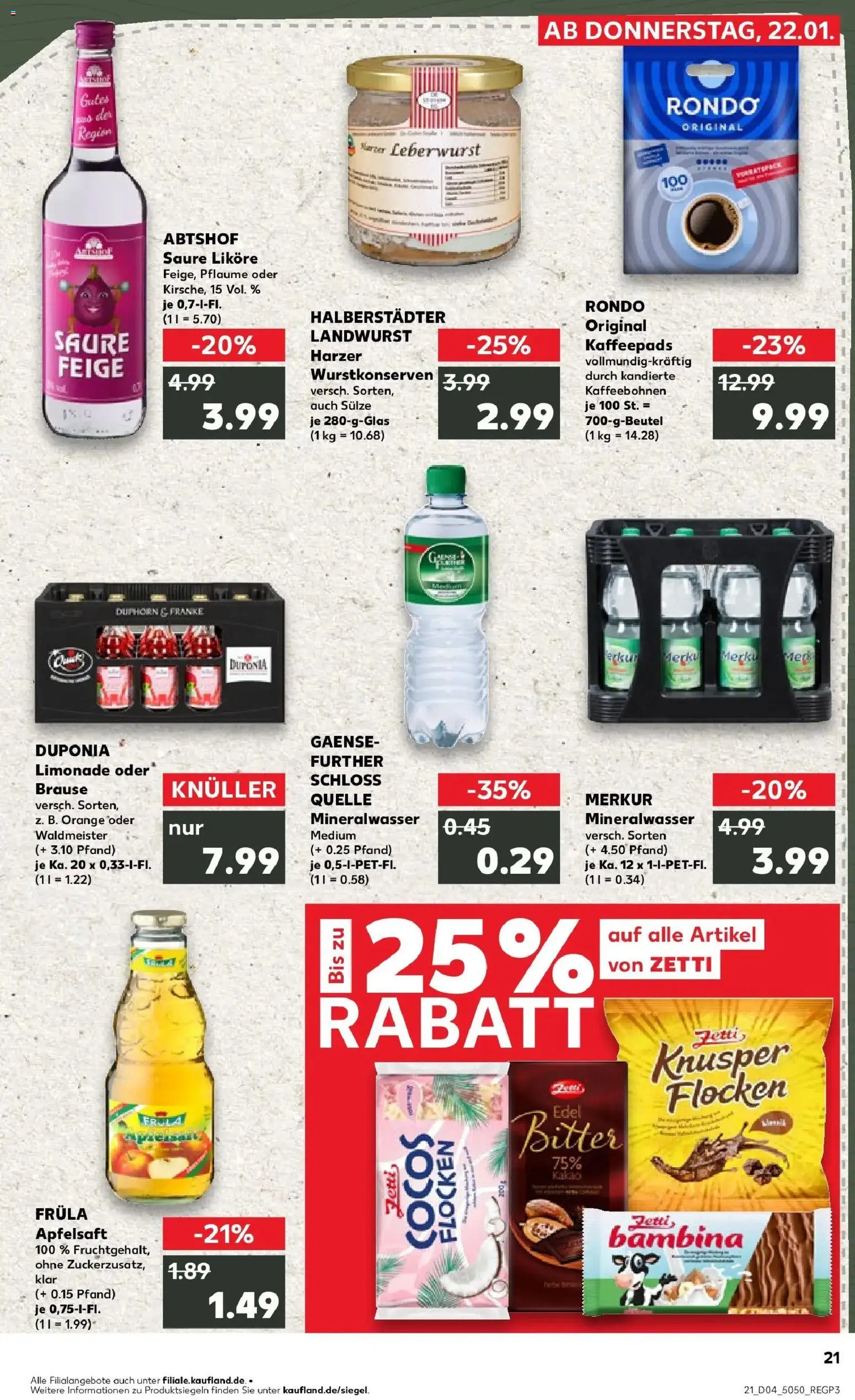 Kaufland prospekt Oschersleben (Bode)	 – gültig ab 25.01.2026 | Seite: 21 | Produkte: Kaffeepads, Apfelsaft, Mineralwasser, Flocken