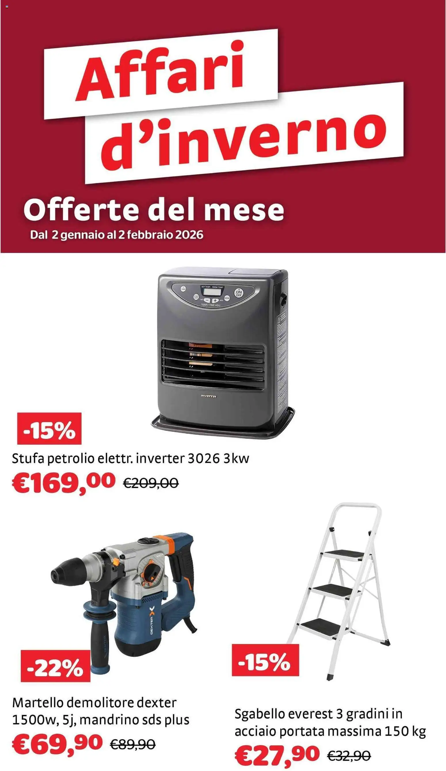 Volantino Brico Center del 02.01.2026 | Pagina: 1 | Prodotti: Stufa, Sgabello, Martello