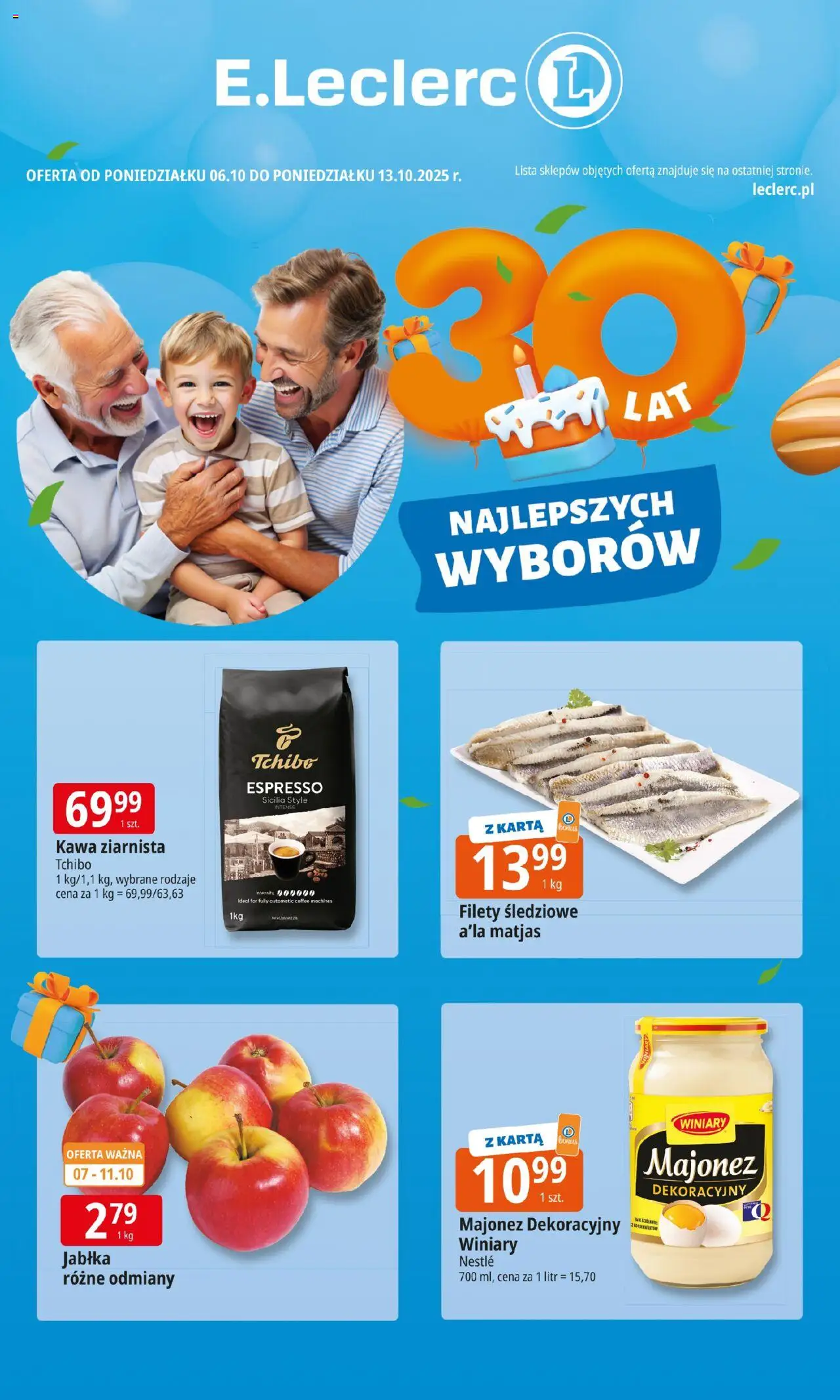 E.Leclerc Gazetka od 06.10.2025 | Strona: 1 | Produkty: Kawa ziarnista, Tchibo, Kawa, Jabłka