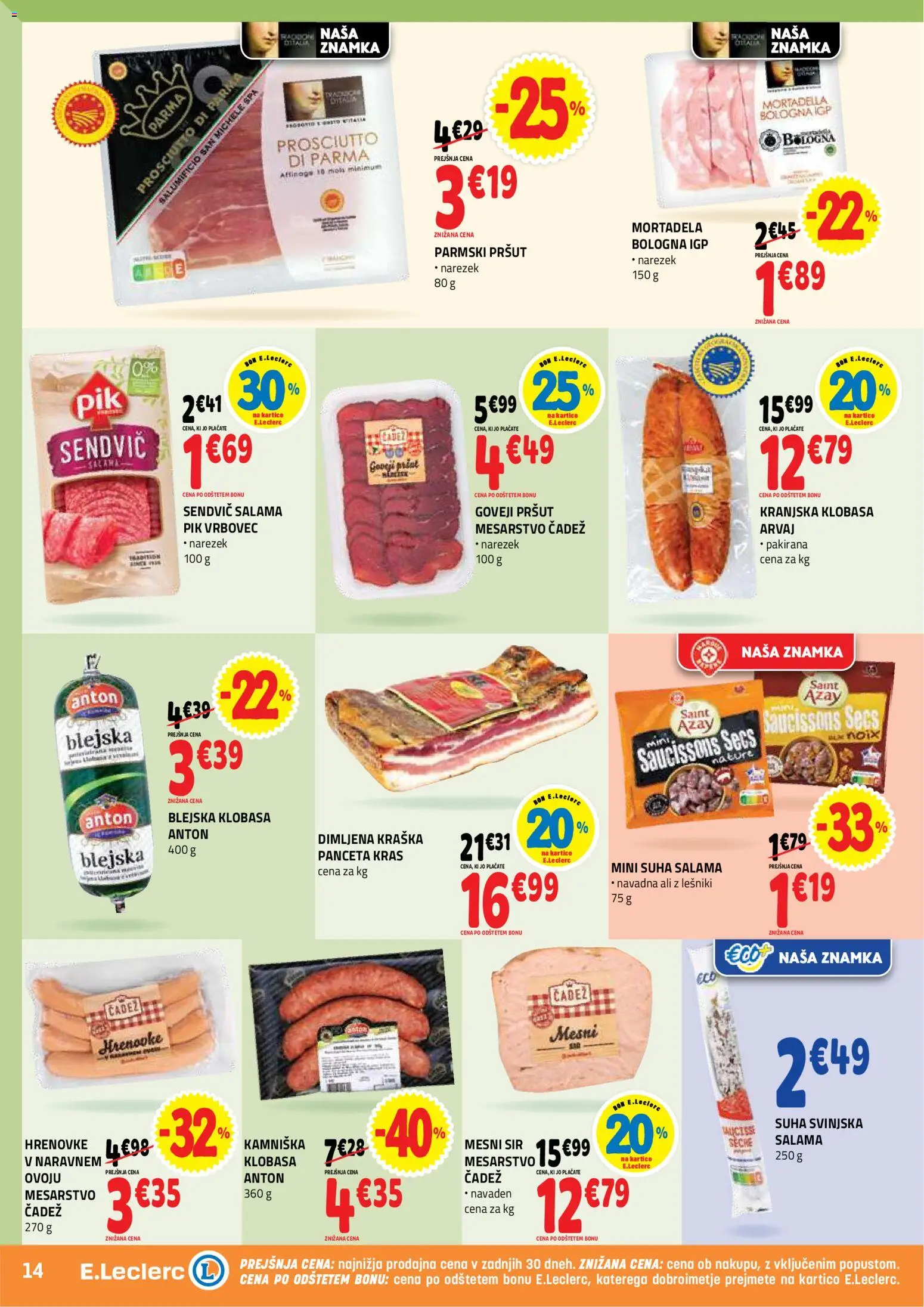 Novi E.leclerc katalog ponudbe – veljaven od 01.04.2026 | Stran: 14 | Izdelki: Hrenovke, Mortadela, Narezek, Sir