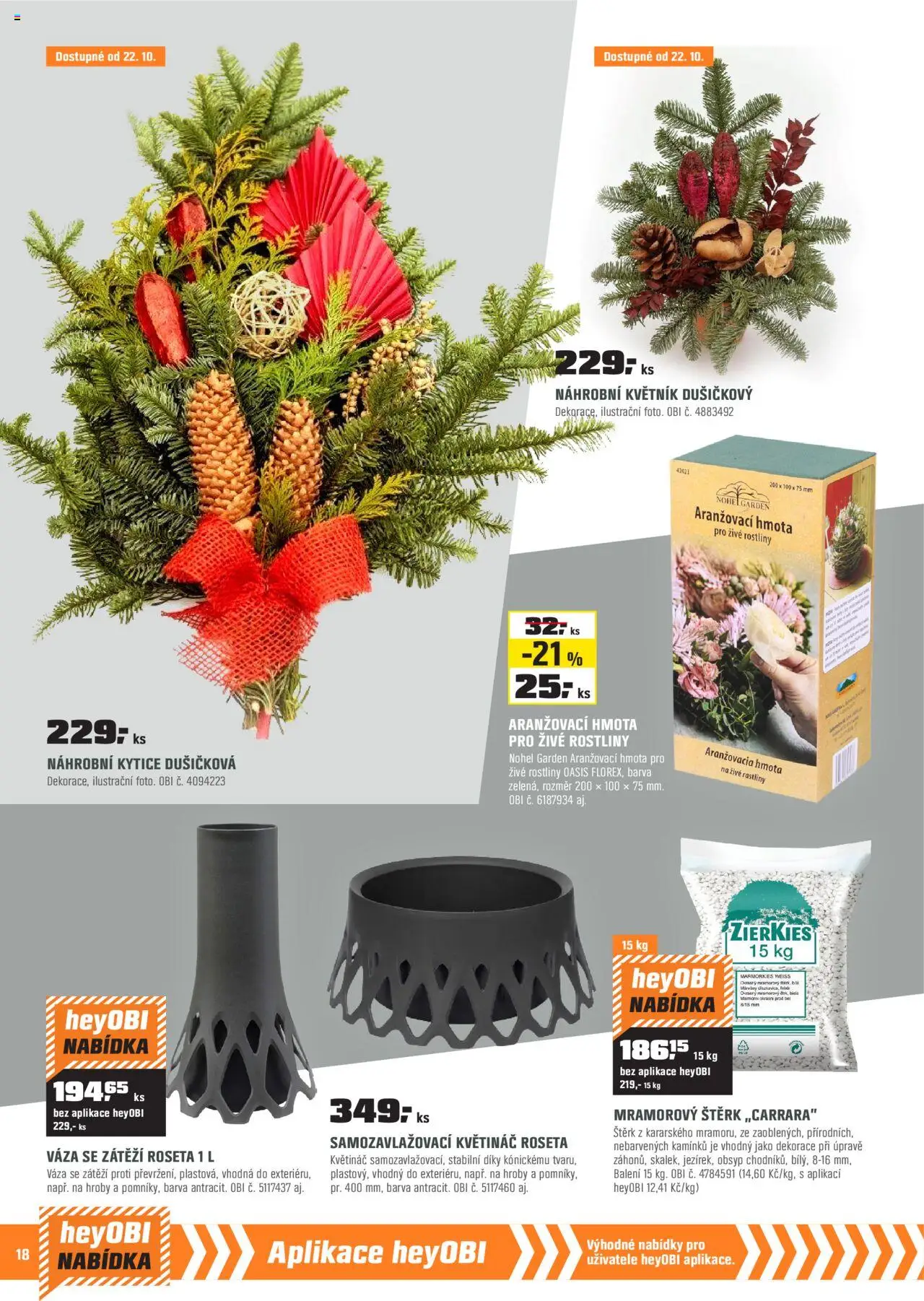 OBI leták - Karlovy Vary, Mladá Boleslav, Králův Dvůr od 01.10.2025 | Strana: 18 | Produkty: Rostliny, Kytice, Květináč, Dekorace
