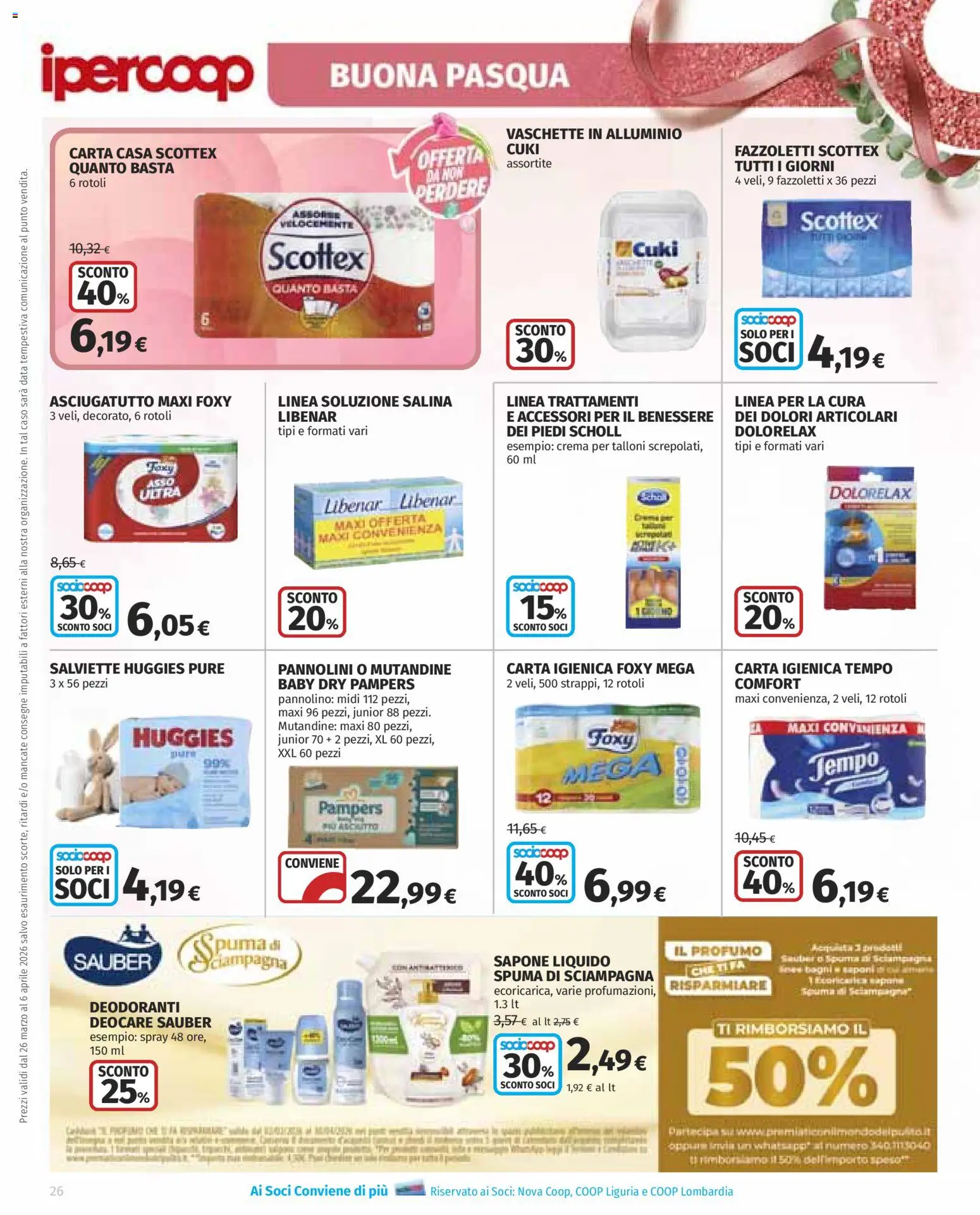 Volantino Ipercoop del 26.03.2026 | Pagina: 26 | Prodotti: Pannolini, Carta igienica, Mutandine, Asciugatutto
