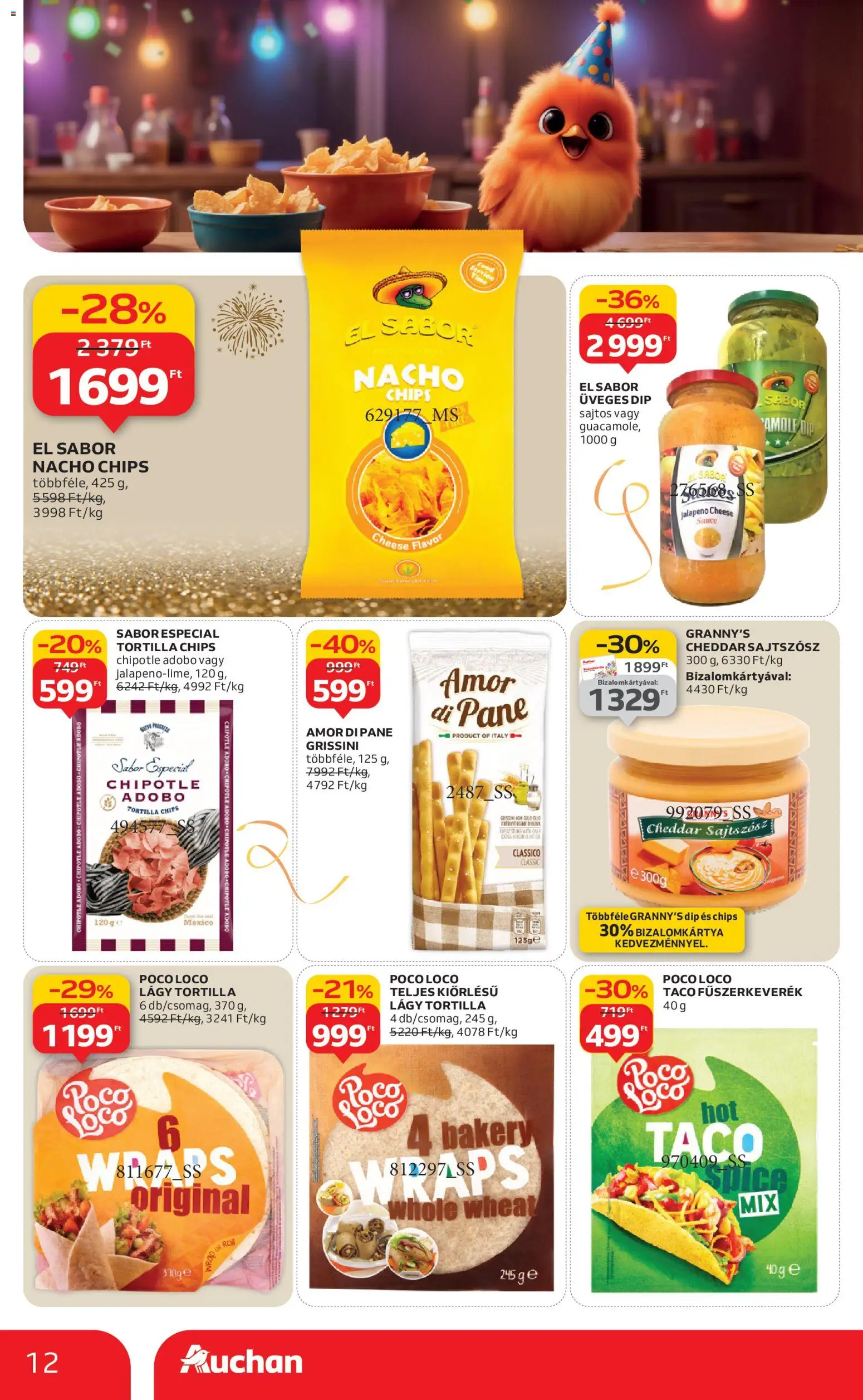 Auchan akciós ujság - amely érvényes a következő dátumtól: 27.12.2025 | Oldal: 12 | Termékek: Tortilla, Grissini, Cheddar, Jalapeno