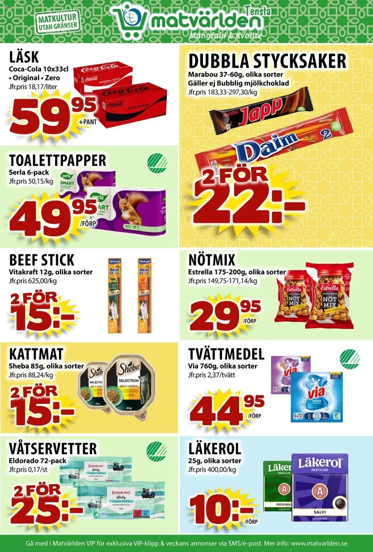 Matvärlden reklamblad aktuell från 18.08.2025 | Sida: 8 | Produkter: Tvättmedel, Galler, Coca cola, Kattmat