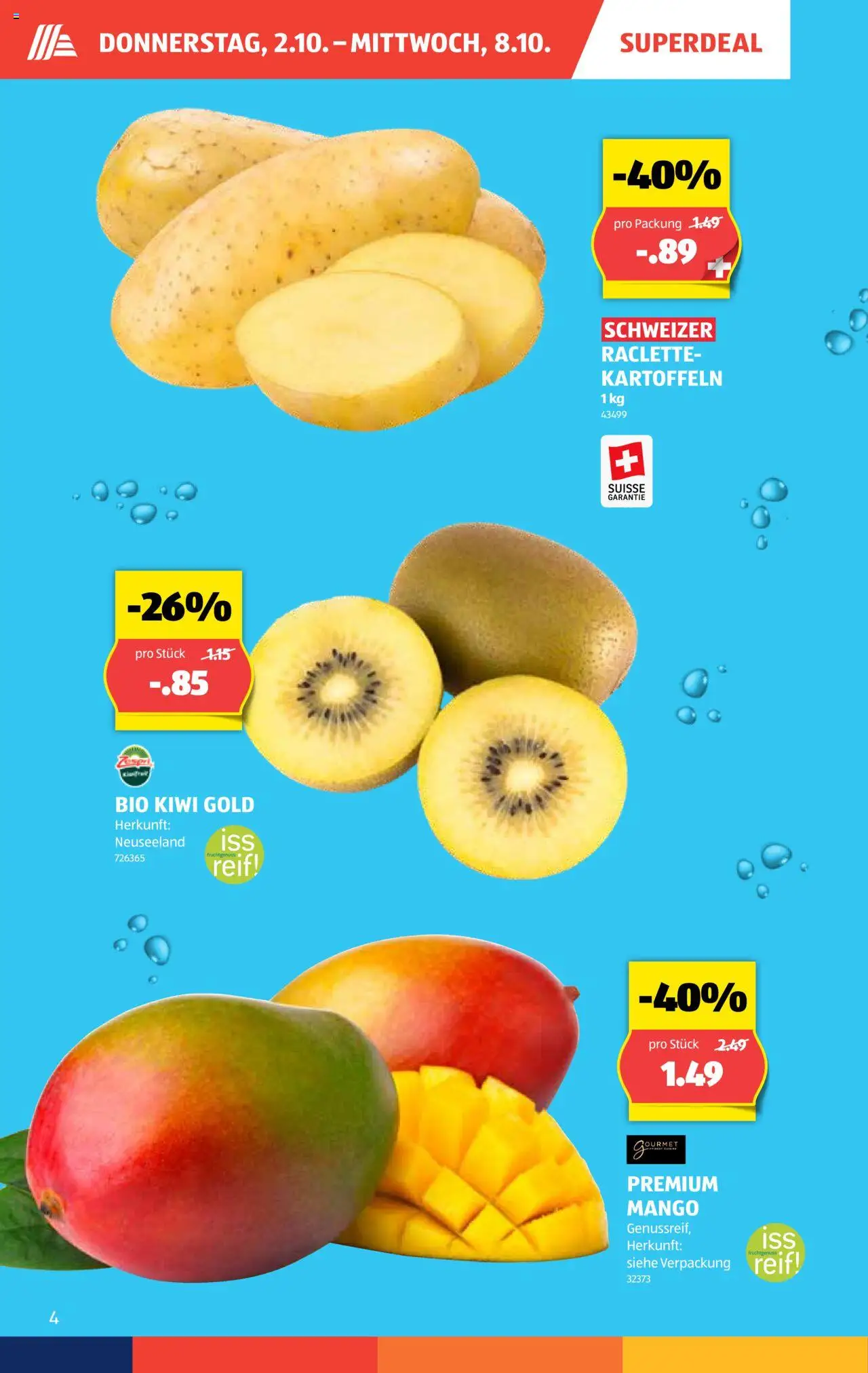 Aldi Aktionen – gültig ab 02.10.2025 | Seite: 5 | Produkte: Kartoffeln, Kiwi, Mango, Raclette