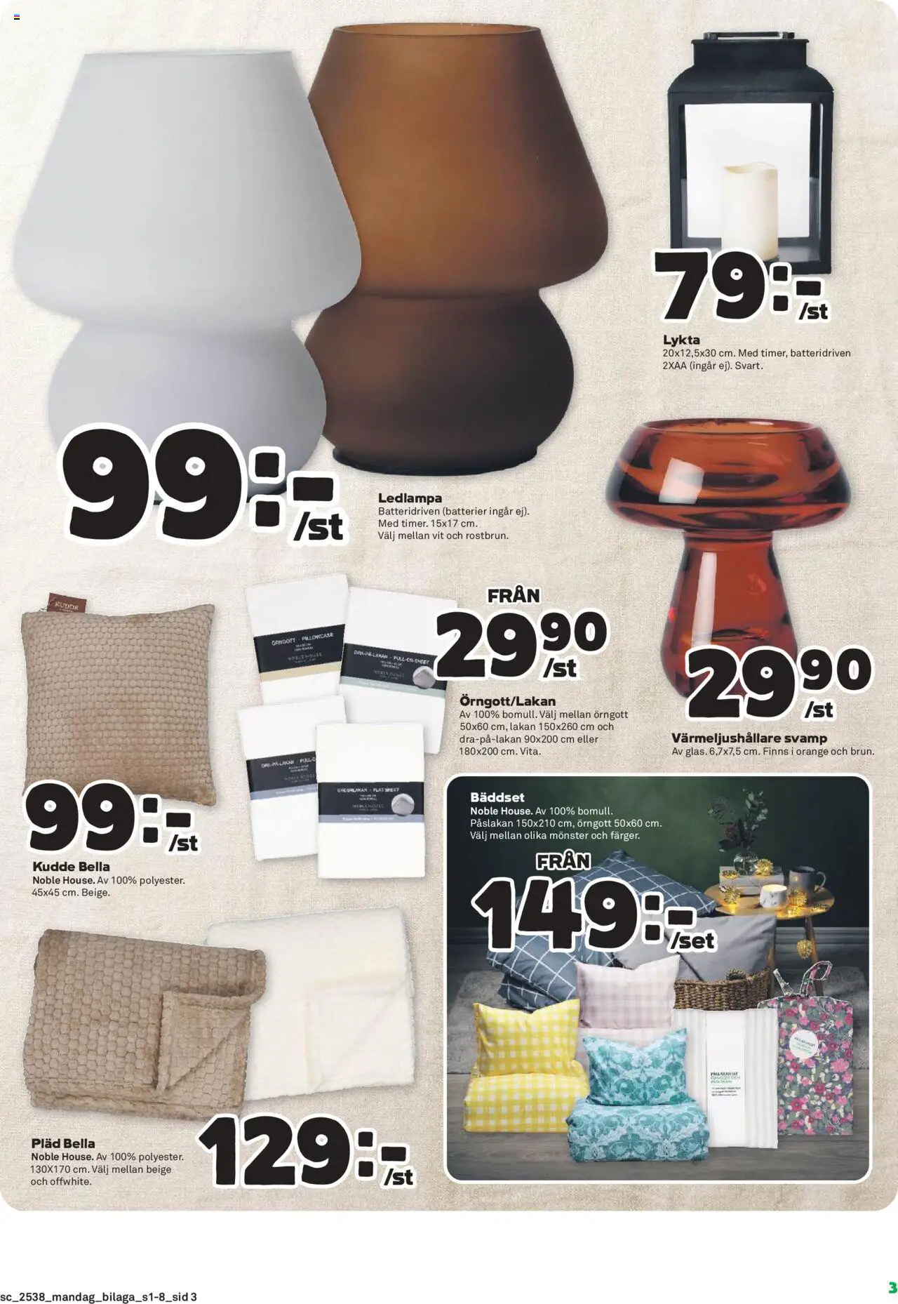 Stora Coop reklamblad aktuell från 15.09.2025 | Sida: 15 | Produkter: Lykta, Lakan, Pläd, Bäddset