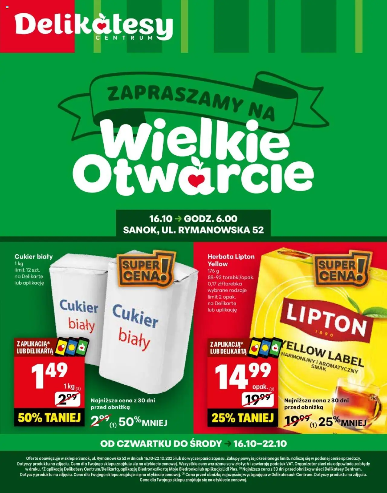 Delikatesy Centrum Gazetka - Sanok Otwarcie od 16.10.2025 | Strona: 1 | Produkty: Delikatesy, Herbata lipton, Herbata, Cukier