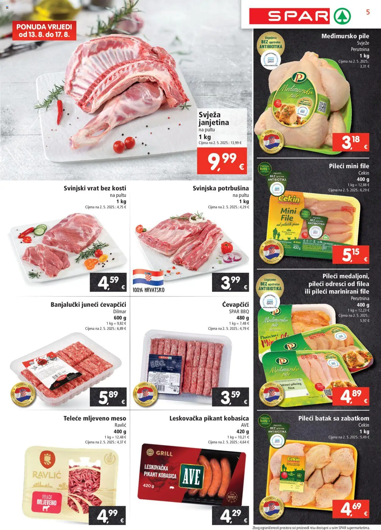 Spar katalog | vrijedi od 13.08.2025 | Stranica: 5 | Proizvodi: Meso, Piletina, Mljeveno meso, Kobasica