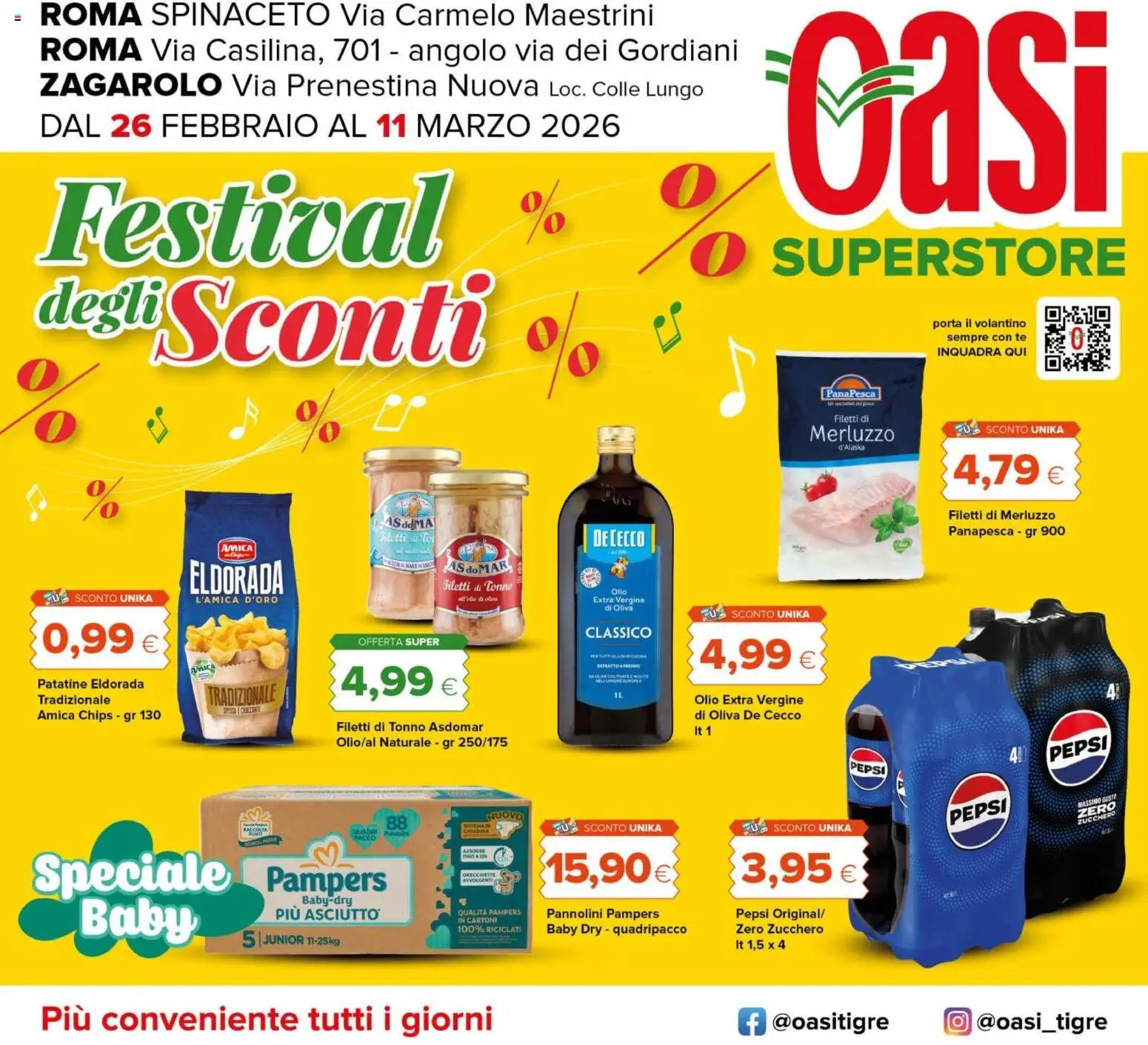 Volantino Oasi del 26.02.2026 | Pagina: 1 | Prodotti: Pannolini, Merluzzo, Olio extra vergine, Pepsi