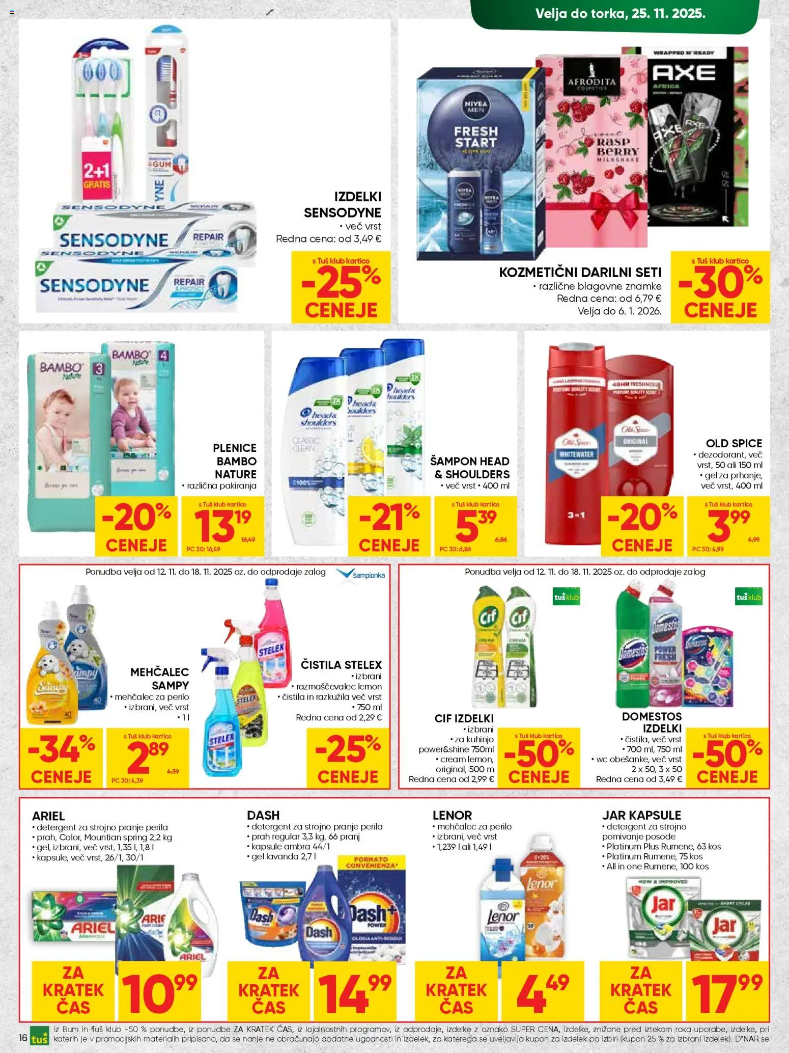 Novi Tuš katalog ponudbe – veljaven od 12.11.2025 | Stran: 16 | Izdelki: Plenice, Čistila, Mehcalec za perilo, Detergent