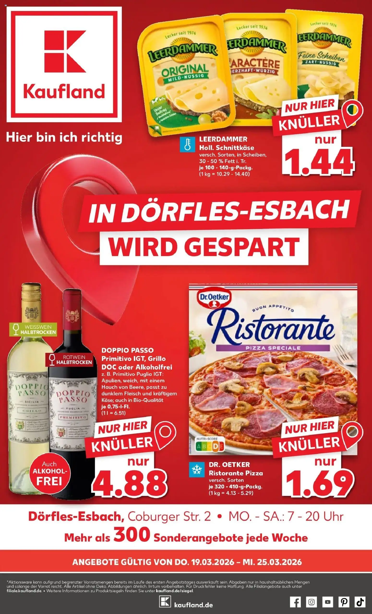 Kaufland Prospekt Dörfles-Esbach	 – gültig ab 19.03.2026 | Seite: 1 | Produkte: Rotwein halbtrocken, Weißwein halbtrocken, Doppio passo primitivo, Leerdammer