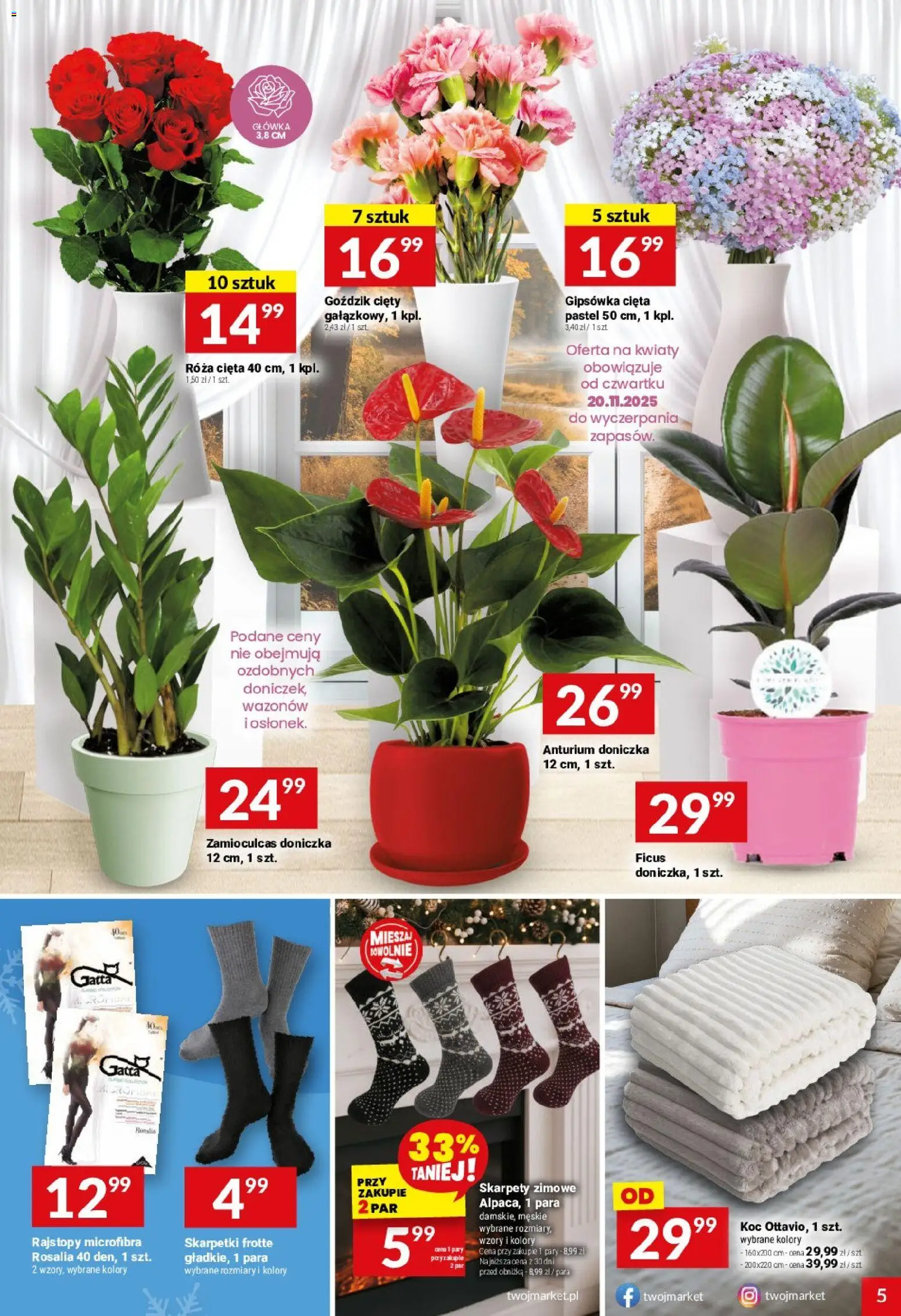 Twój Market Gazetka od 19.11.2025 | Strona: 5 | Produkty: Skarpetki, Gatta, Goździk, Doniczka