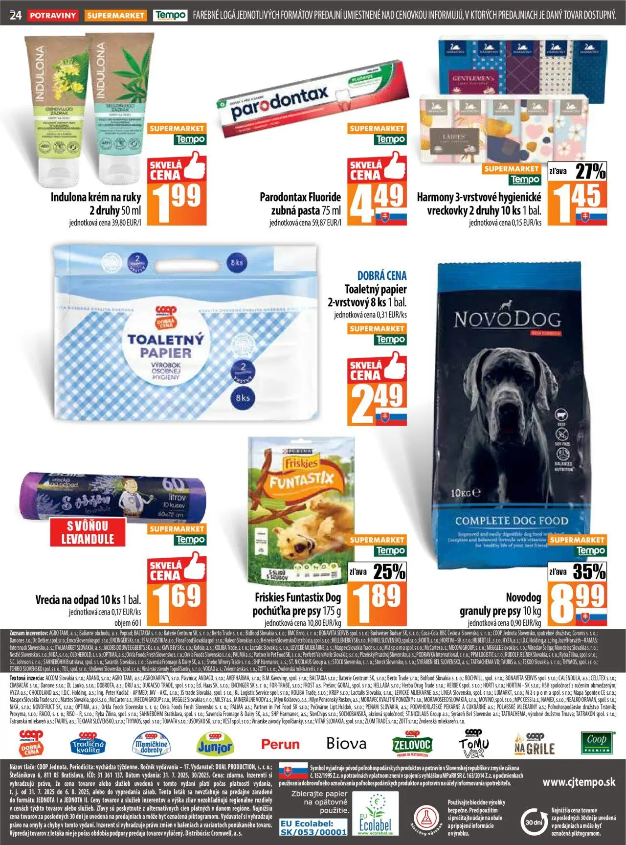 COOP Jednota leták │ platný od 31.07.2025 | Strana: 24 | Produkty: Friskies, Toaletný papier, Krém na ruky, Ryba