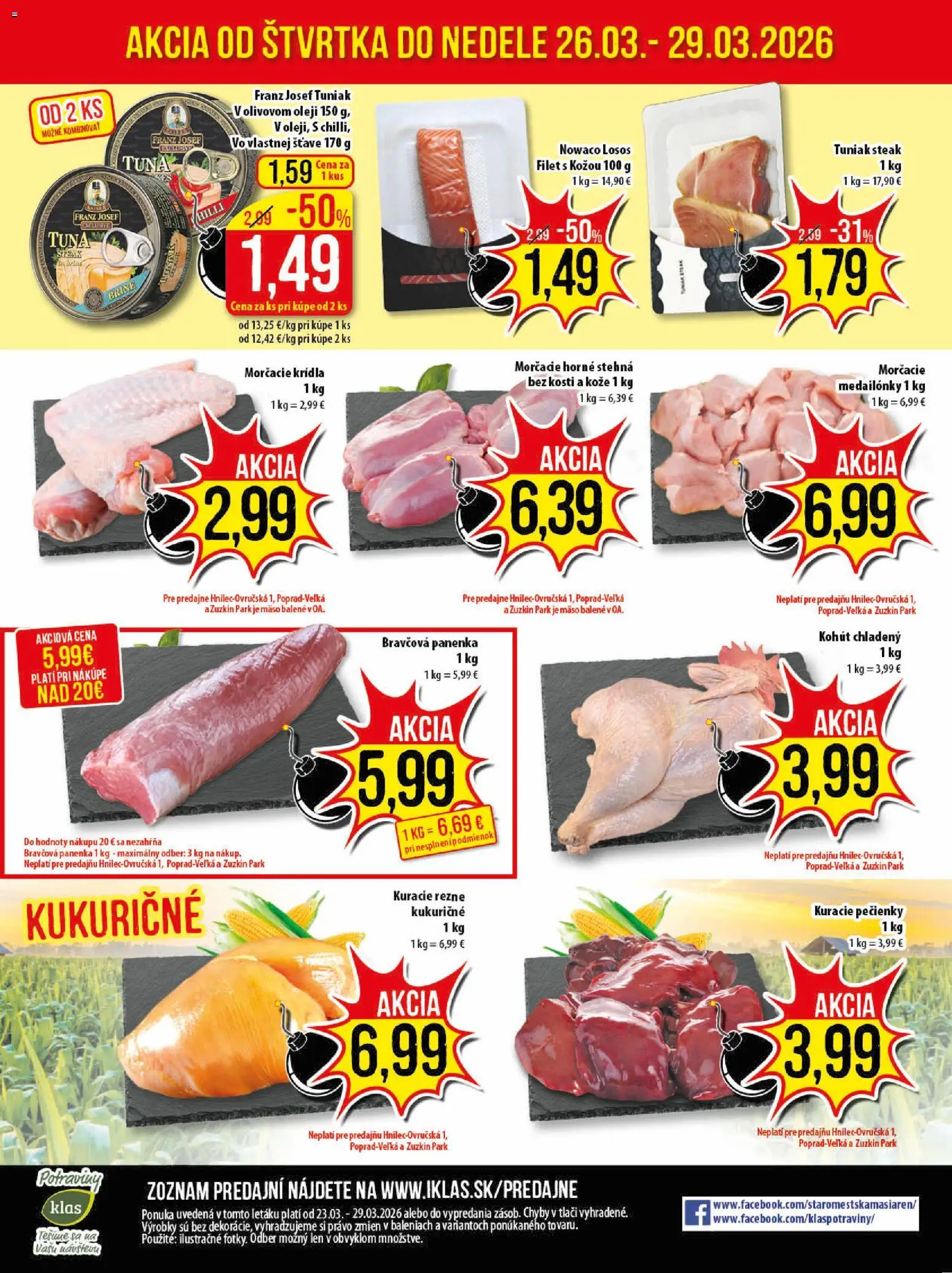 Nové Klas akcie – leták je platný od 23.03.2026 | Strana: 25 | Produkty: Tuniak, Bravčová panenka, Kuracie rezne, Steak