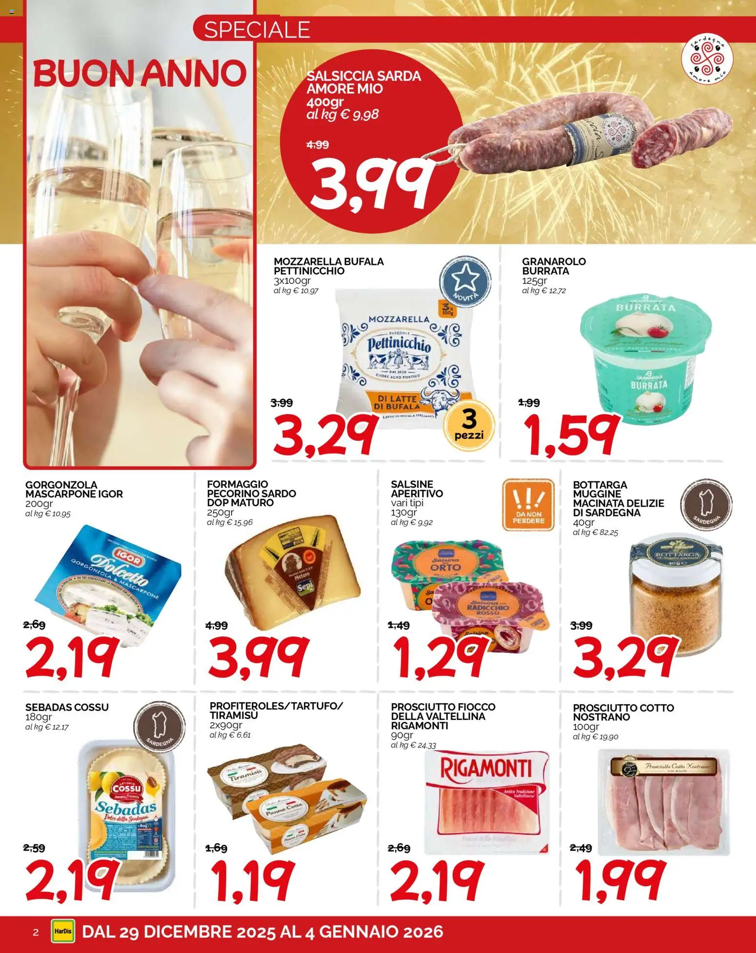 Volantino HarDis del 29.12.2025 | Pagina: 2 | Prodotti: Prosciutto, Salsiccia, Mascarpone, Aperitivo