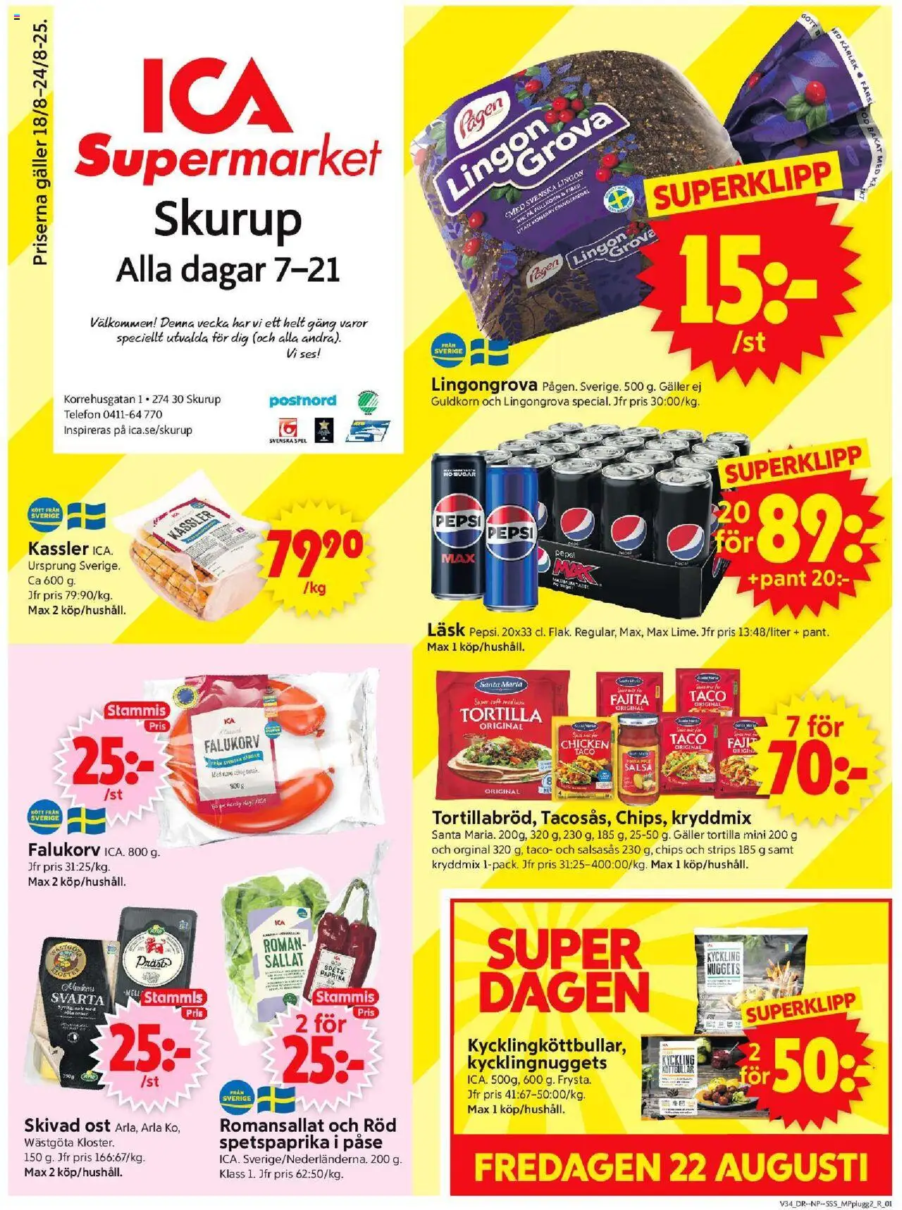 ICA Supermarket reklamblad aktuell från 18.08.2025 | Sida: 1 | Produkter: Kassler, Galler, Chips, Telefon