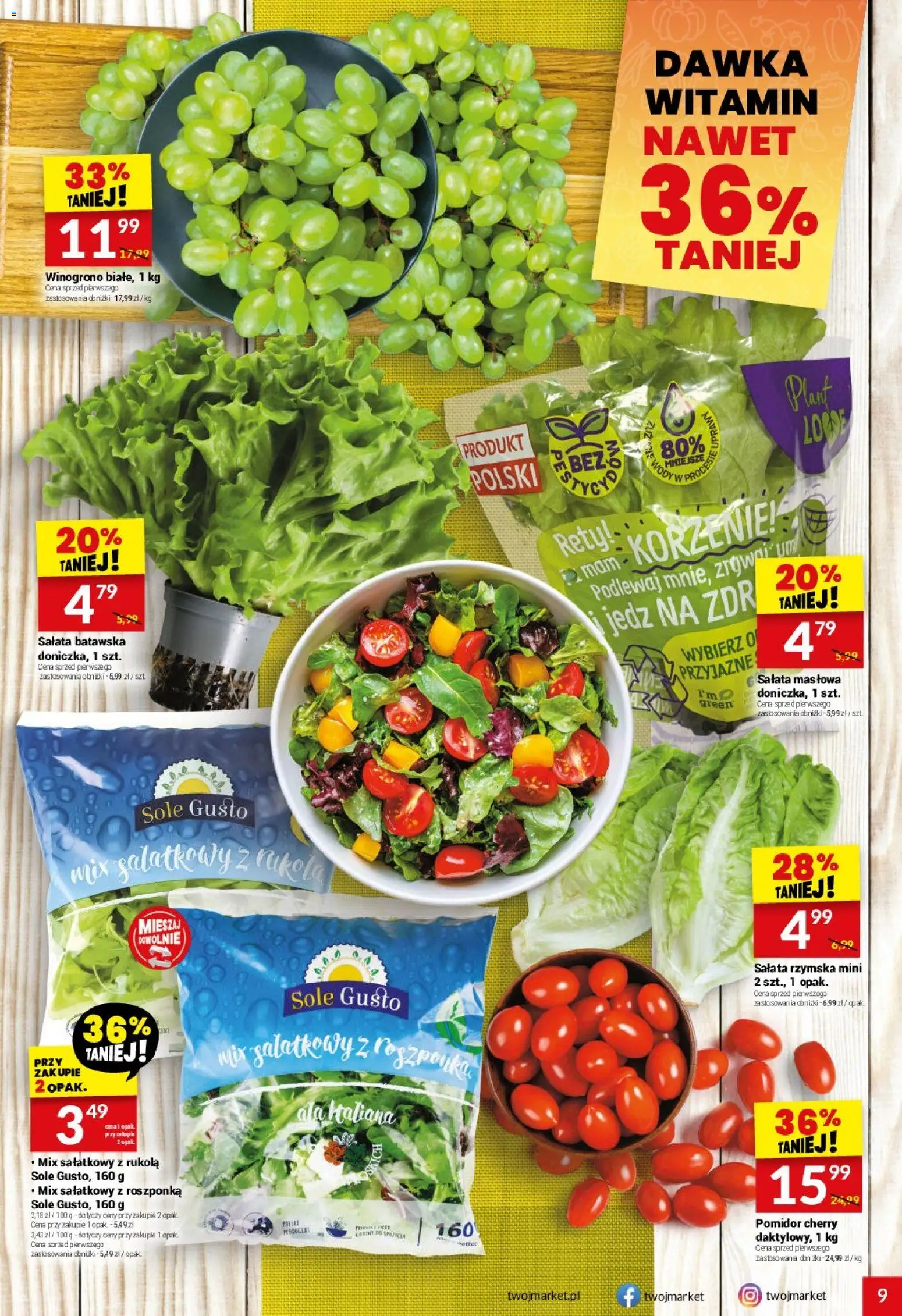 Twój Market gazetka od 11.03.2026 | Strona: 9 | Produkty: Winogrono, Rukola, Roszponka, Pomidor cherry