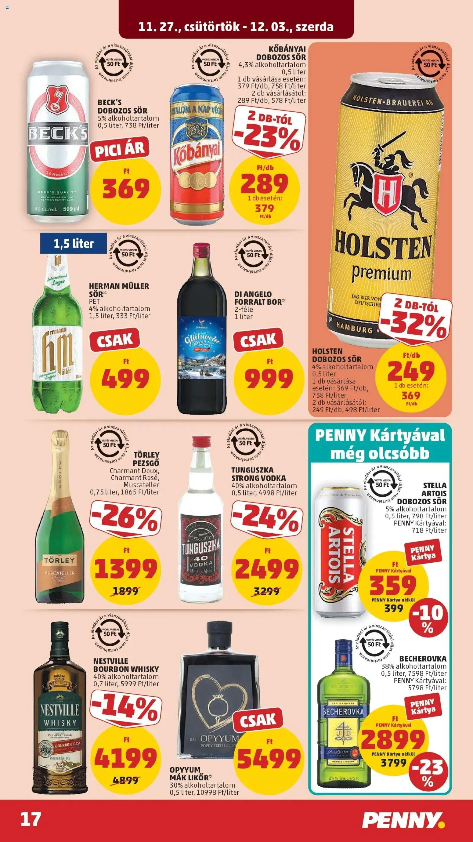 PENNY akciós ujság - amely érvényes a következő dátumtól: 26.11.2025 | Oldal: 17 | Termékek: Stella artois, Dobozos sör, Bor, Sör