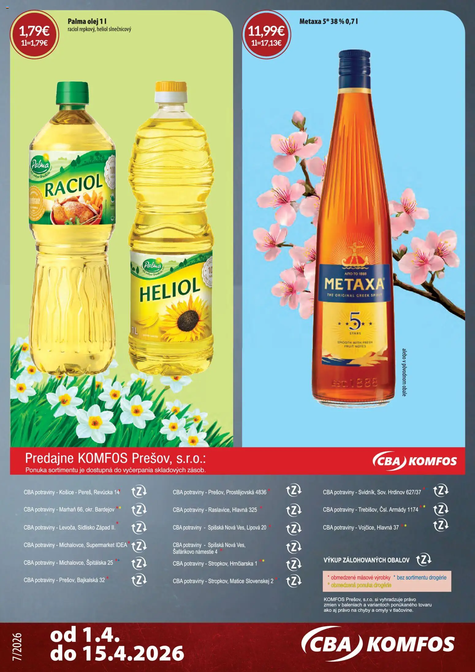 Nové CBA Komfos akcie – leták je platný od 01.04.2026 | Strana: 24 | Produkty: Olej, Metaxa