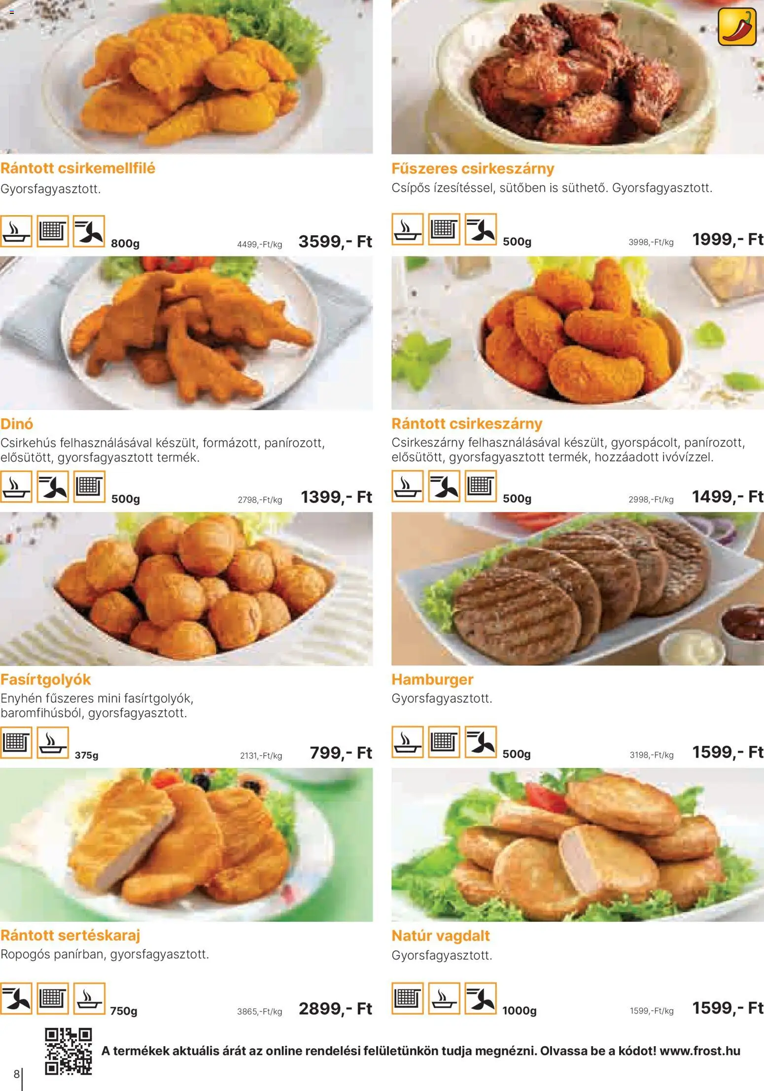 Family Frost akciós ujság - amely érvényes a következő dátumtól: 01.04.2026 | Oldal: 8 | Termékek: Fűszeres csirkeszárny, Hamburger, Sertéskaraj, Csirkehús