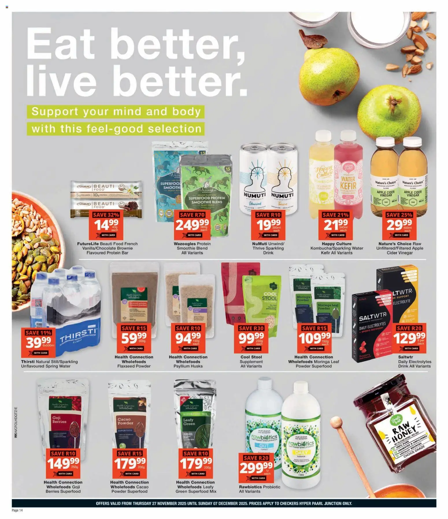 New Checkers catalogue – valid from 27.11.2025 | Page: 14 | Products: Detergente líquido, Vinegar, Water, Protein bar