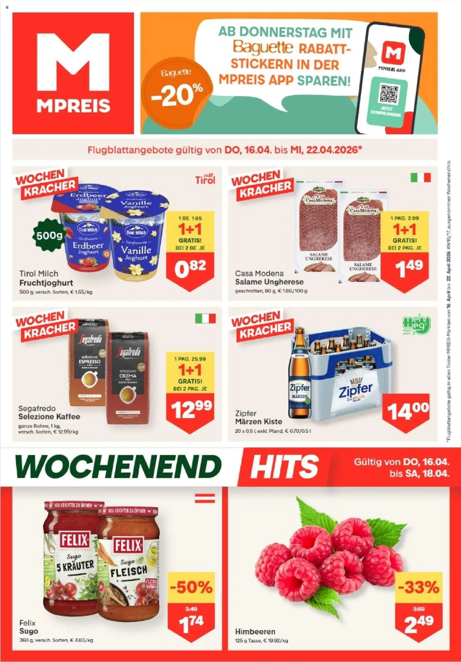 MPREIS Absam gültig ab 16.04.2026 | Seite: 1 | Produkte: Jääkaappipakastin, Milch, Joghurt, Kaffee