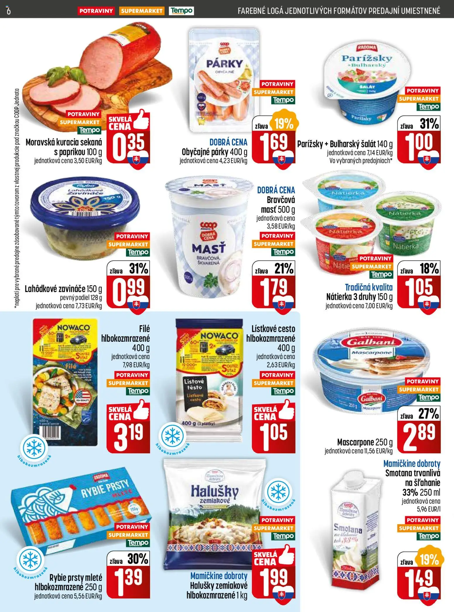 Nové COOP Jednota akcie – leták je platný od 29.01.2026 | Strana: 6 | Produkty: Smotana, Šalát, Párky, Mascarpone
