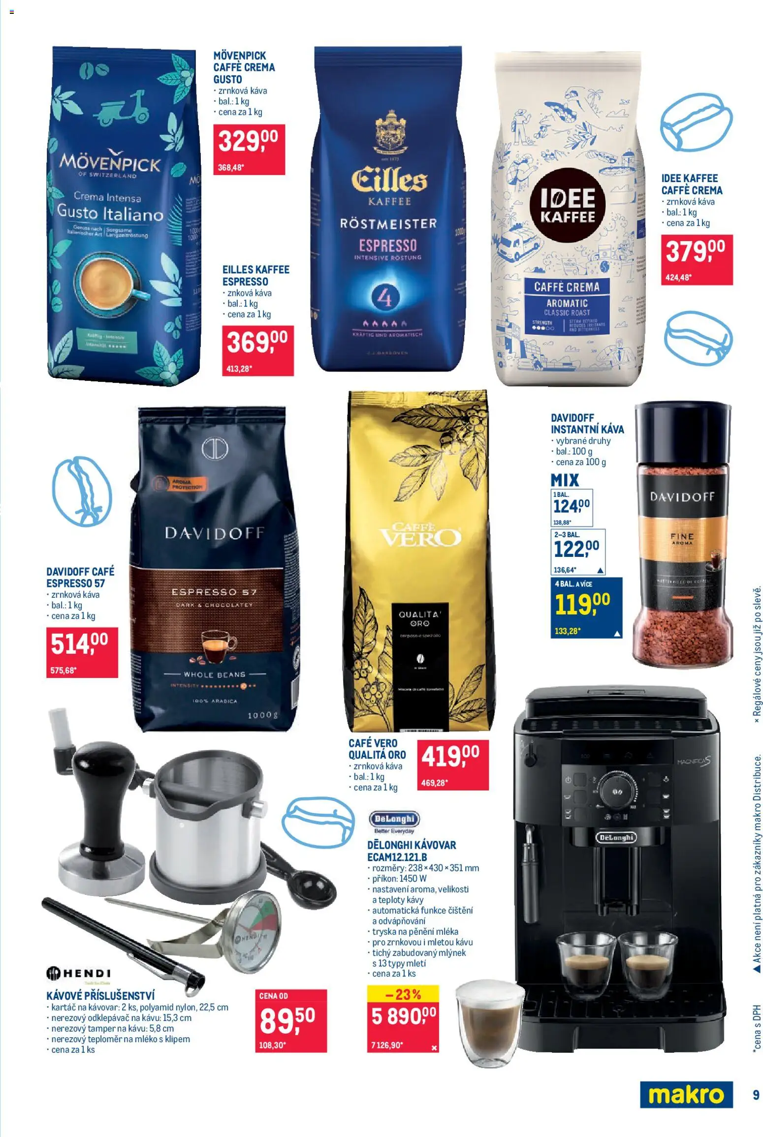 Makro leták - Pro milovníky jídla od 11.02.2026 | Strana: 9 | Produkty: Kávovar Delonghi, Káva, Mlýnek, Caffè crema