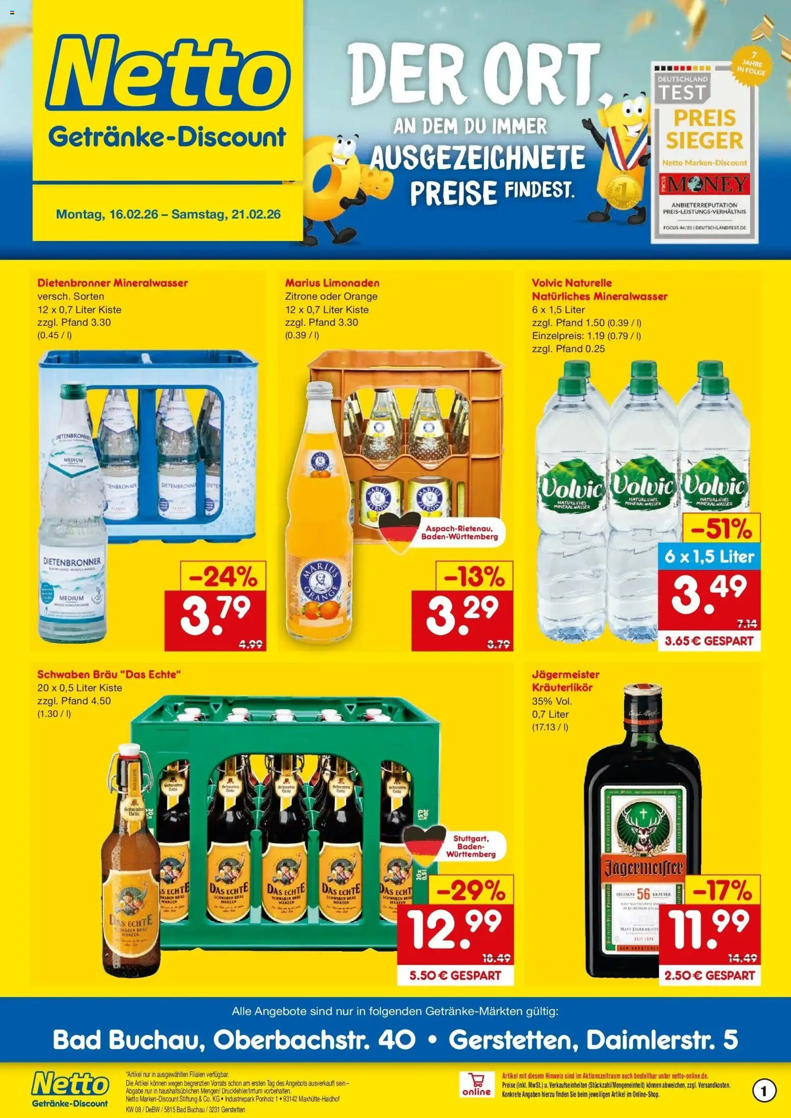 Netto Marken-Discount prospekt Gerstetten	 – gültig ab 16.02.2026 | Seite: 1 | Produkte: Wasser, Jägermeister, Zitrone, Volvic