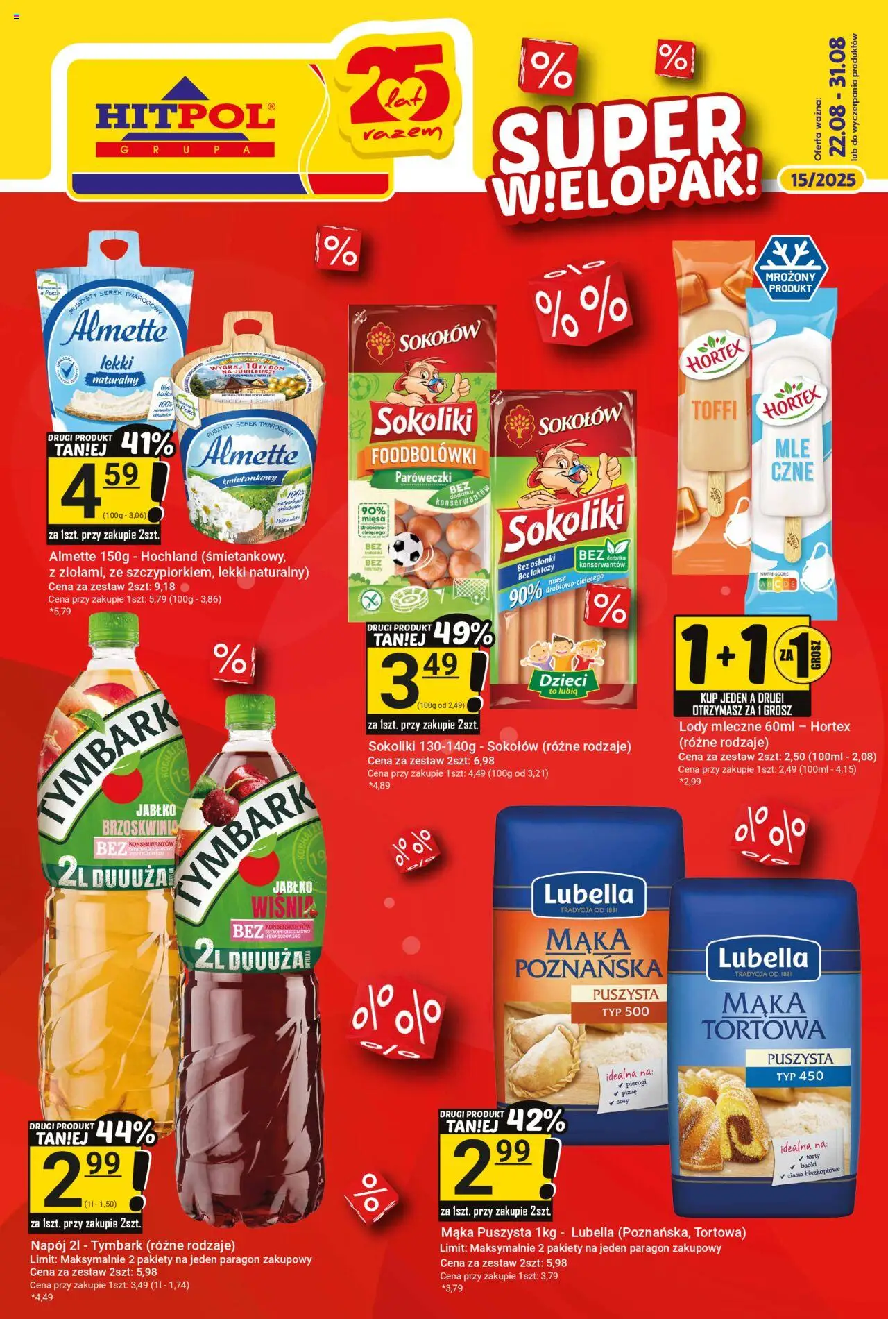 Hitpol Gazetka od 22.08.2025 | Strona: 1 | Produkty: Bez laktozy, Serek, Pierogi, Lody