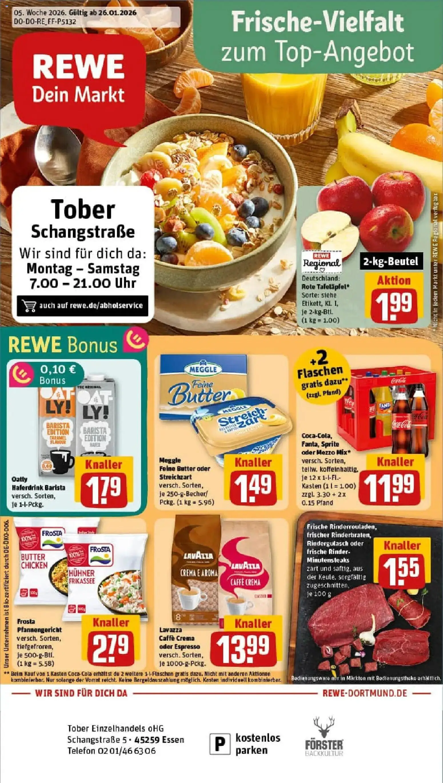 Rewe prospekt Essen	 – gültig ab 26.01.2026 | Seite: 1 | Produkte: Frosta, Haferdrink, Telefon, Uhr