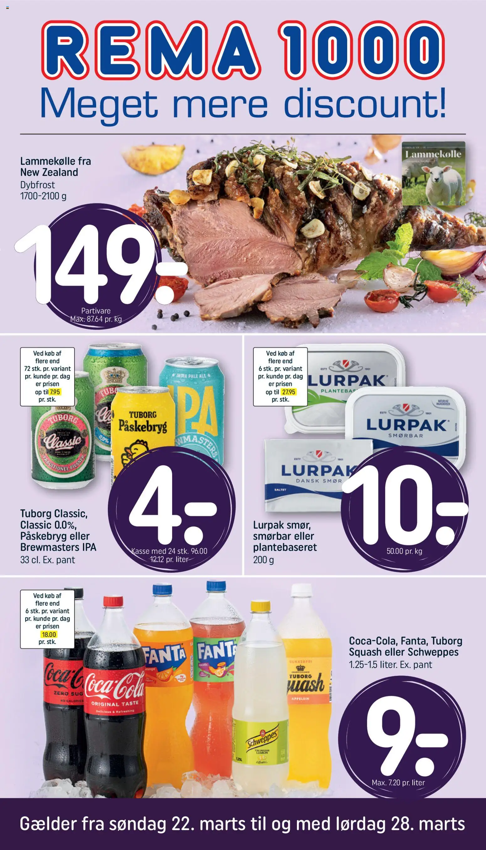 Rema 1000 tilbudsavis – gyldig fra 22.03.2026 | Side: 1 | Produkter: Smør, Squash, Lammekølle, Tuborg Squash