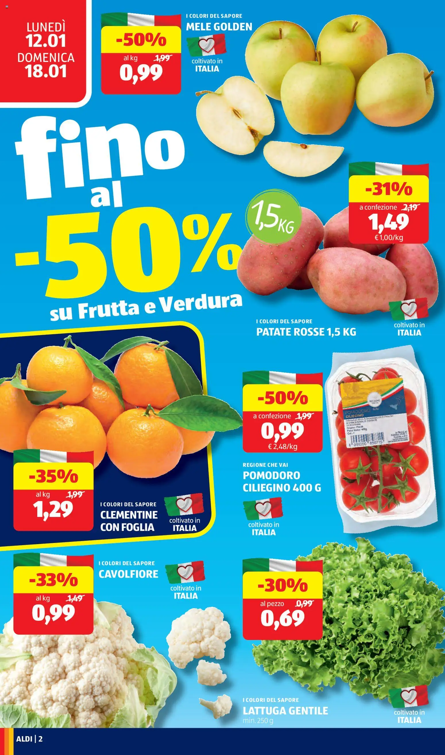 Volantino Aldi del 12.01.2026 | Pagina: 2 | Prodotti: Mele, Frutta, Cavolfiore, Letto