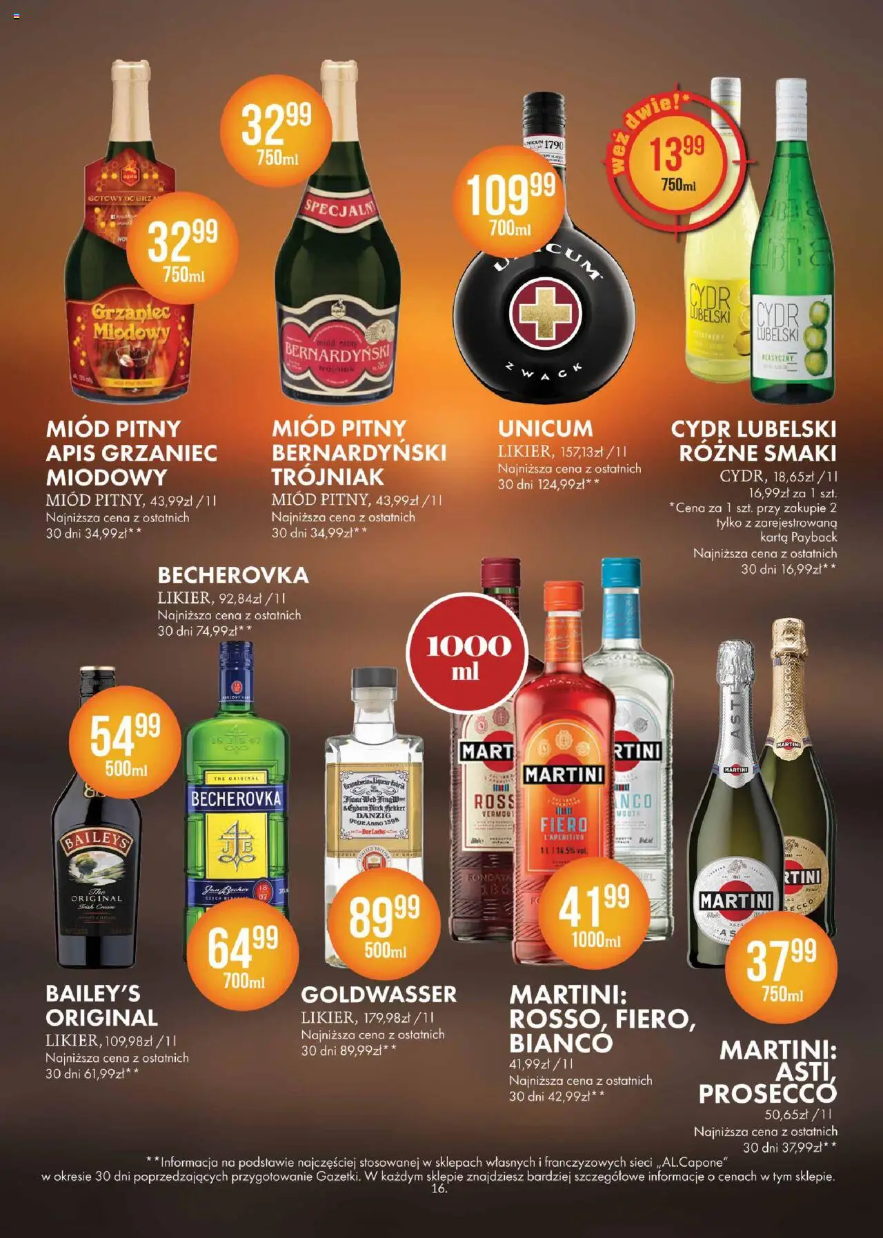 Al.Capone Gazetka od 08.09.2025 | Strona: 16 | Produkty: Baileys, Martini, Miód, Miód pitny