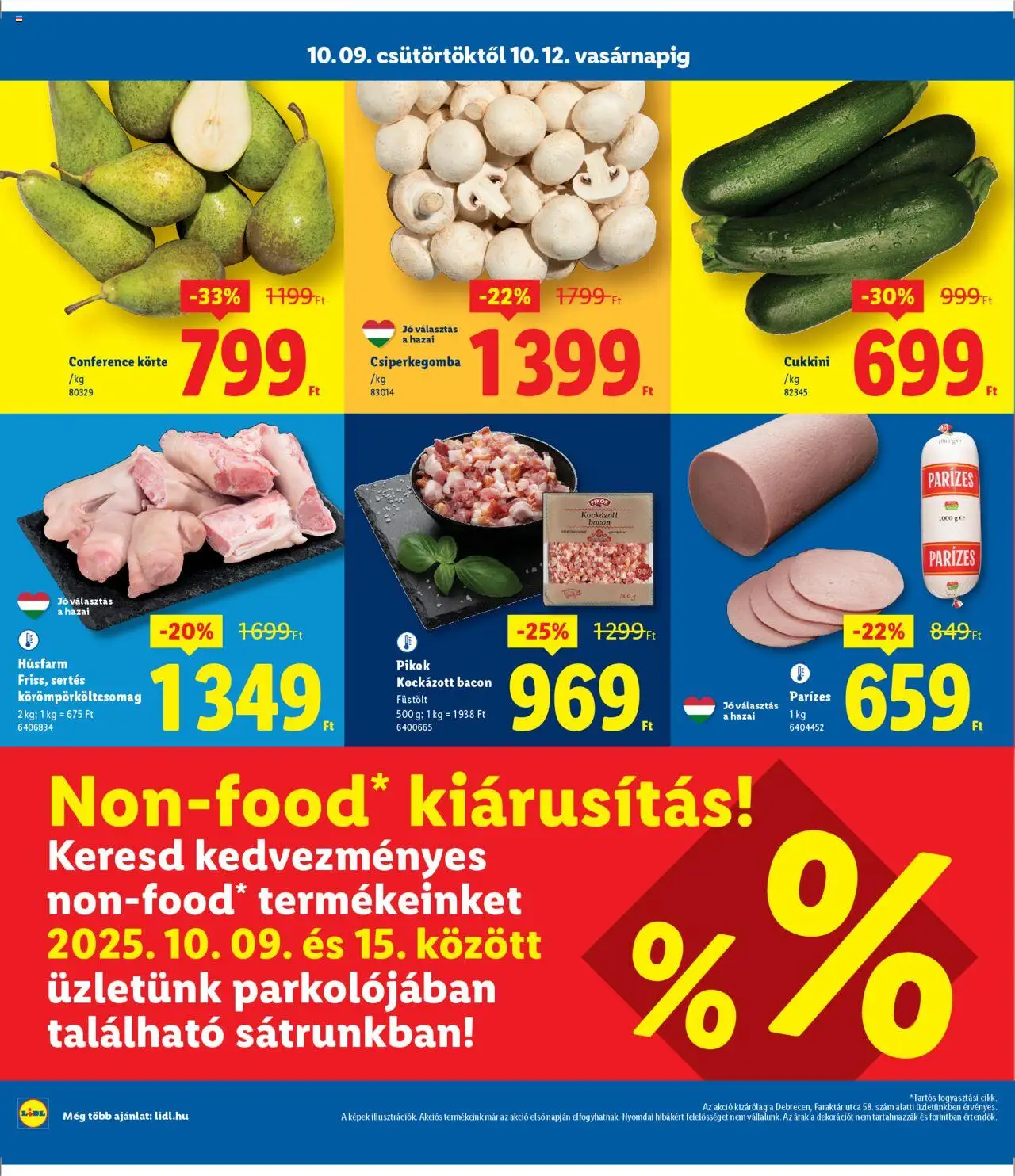 Lidl akciós ujság - amely érvényes a következő dátumtól: 09.10.2025 | Oldal: 2 | Termékek: Körte, Csiperkegomba, Kockázott bacon, Bacon
