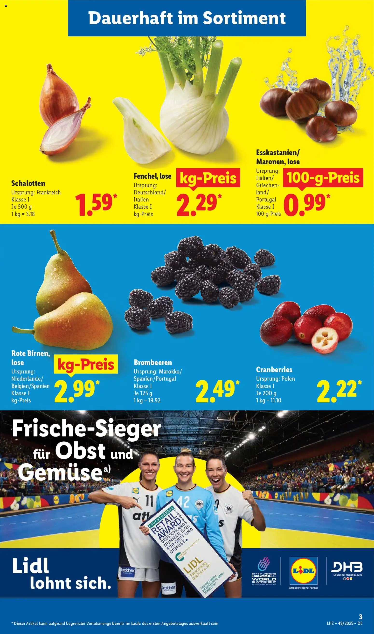 Lidl Prospekt Grimma – gültig ab 24.11.2025 | Seite: 3 | Produkte: Handball, Gemüse, Obst