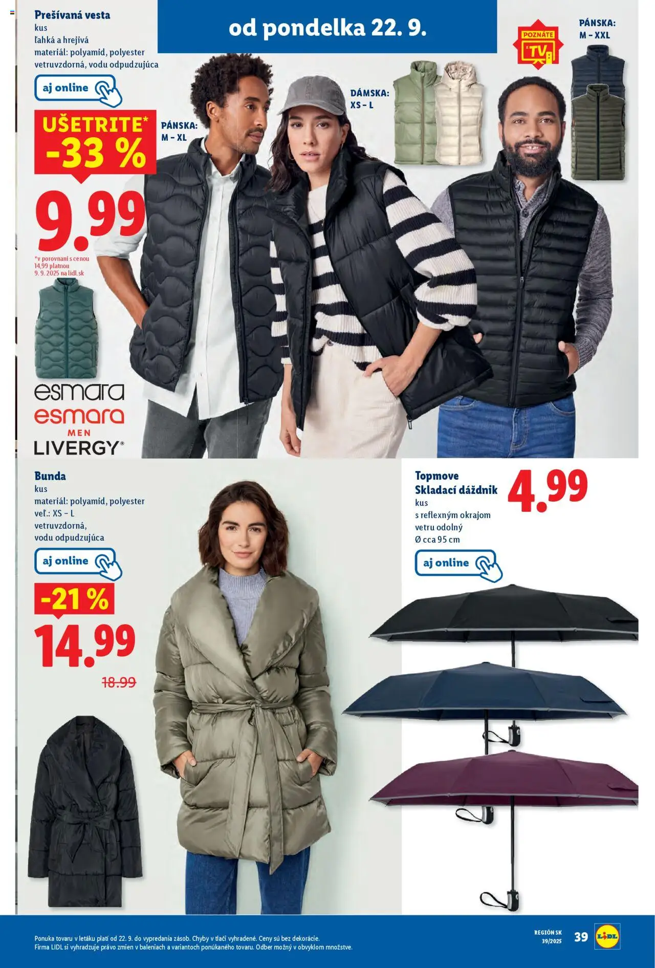 Nové Lidl akcie – leták je platný od 22.09.2025 | Strana: 61 | Produkty: Vesta, Bunda, Dáždnik