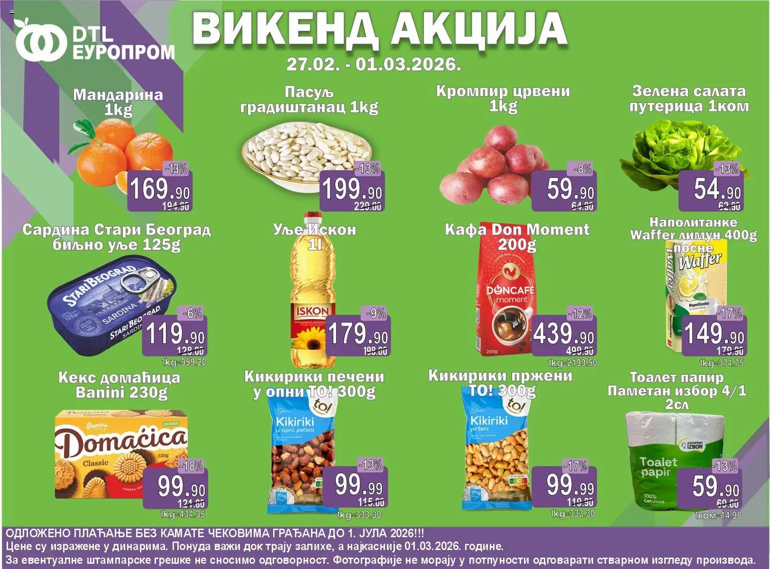 Europrom katalog - važi od 27.02.2026 | Strana: 1 | Proizvode: Doncafe, Domaćica, Kikiriki, Sardina