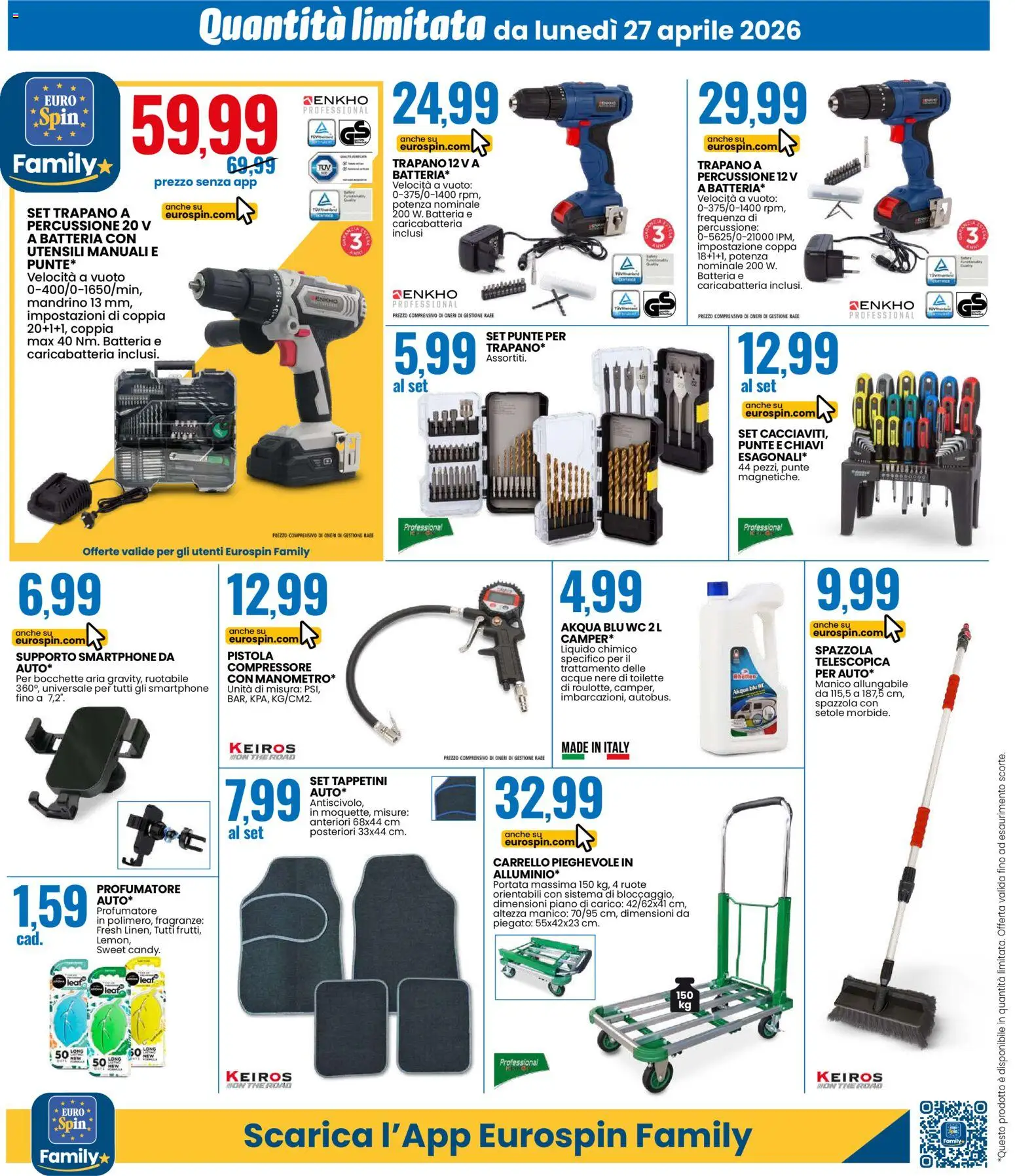 Volantino Eurospin del 27.04.2026 | Pagina: 12 | Prodotti: Carrello, The, Trapano, Batteria