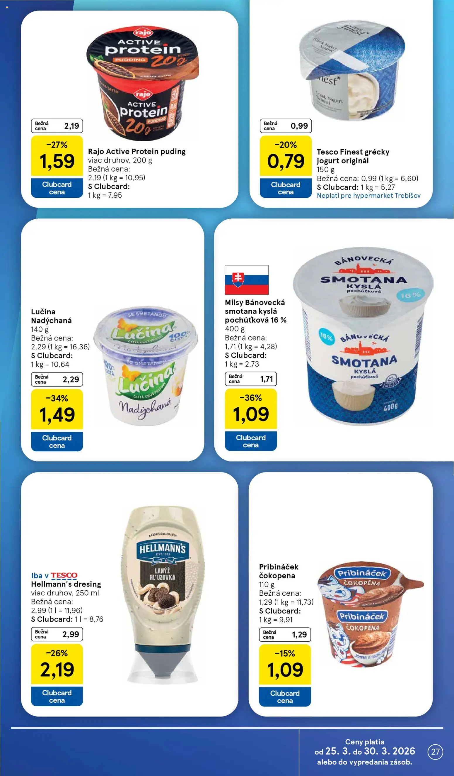 Nové Tesco akcie – leták je platný od 25.03.2026 | Strana: 27 | Produkty: Jogurt, Smotana, Puding, Grécky jogurt
