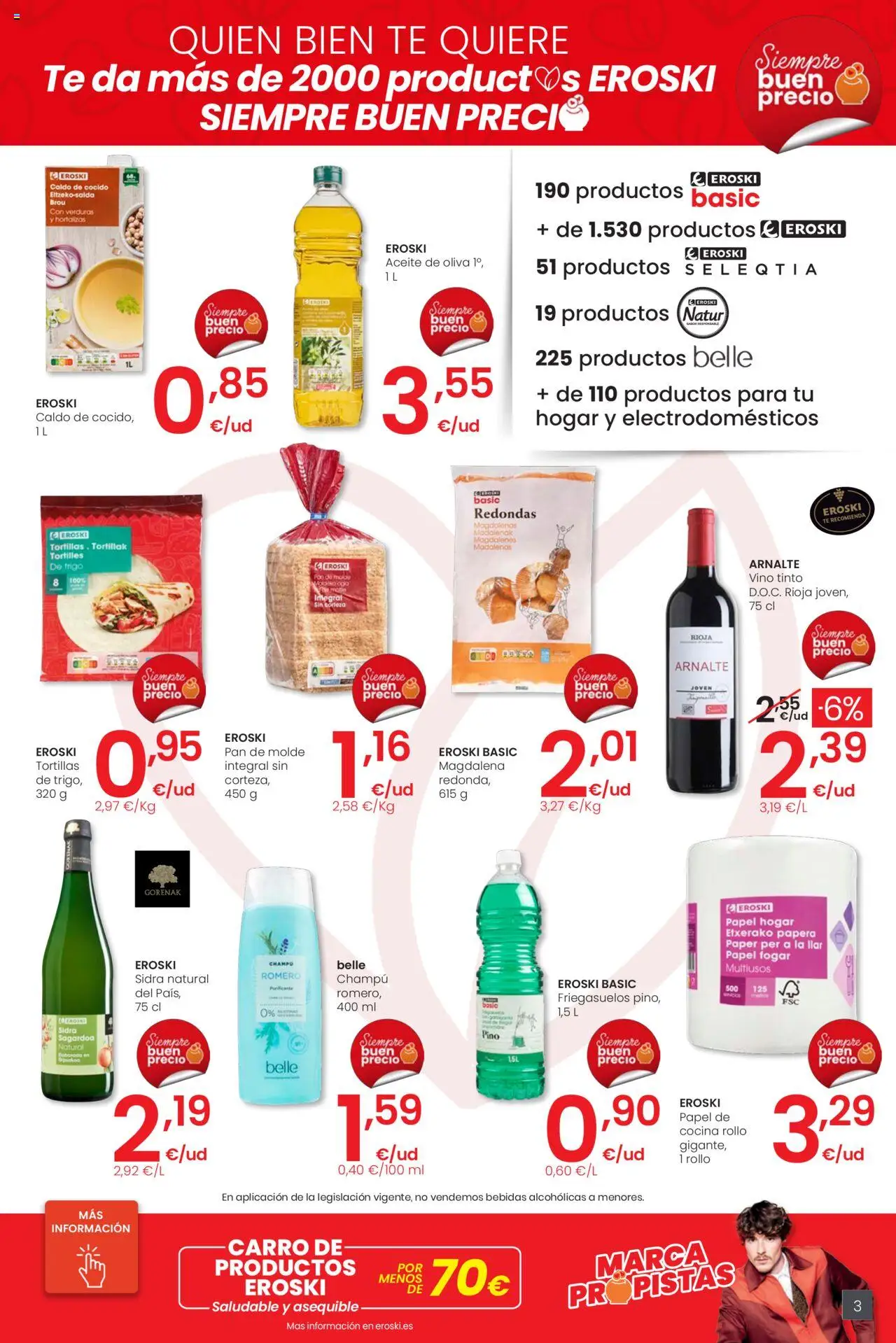 Eroski - Precio más bajo Center │ válido desde el 02.10.2025 | Página: 3 | Productos: Champú, Pan, Aceite de oliva, Magdalenas