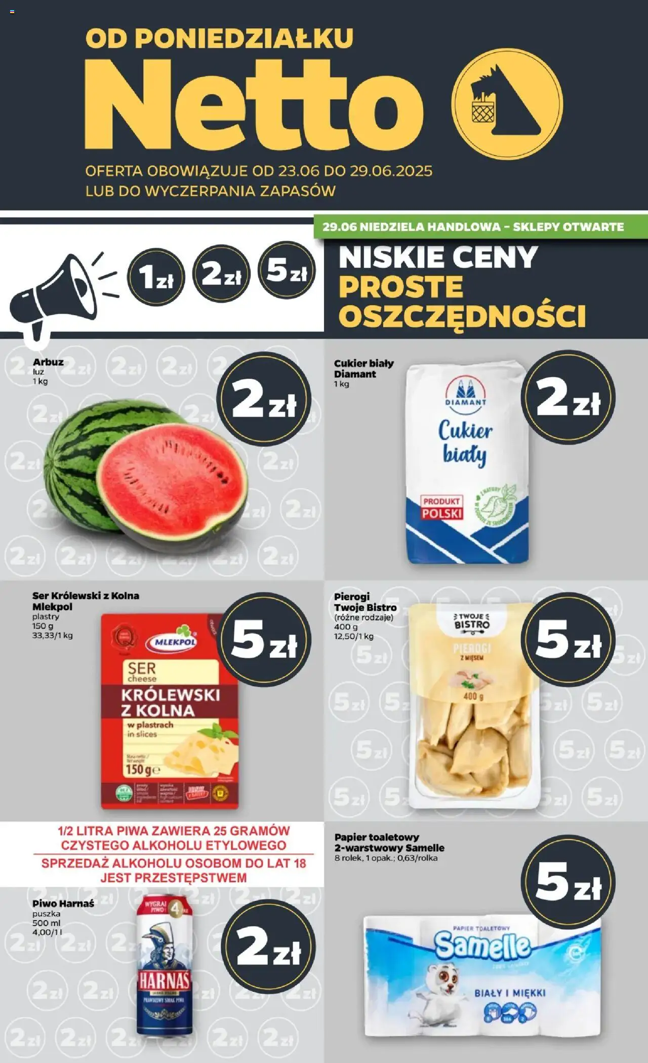 Netto gazetka - Spożywcza od 23.06.2025 | Strona: 1 | Produkty: Papier toaletowy, Pierogi, Harnaś, Ser