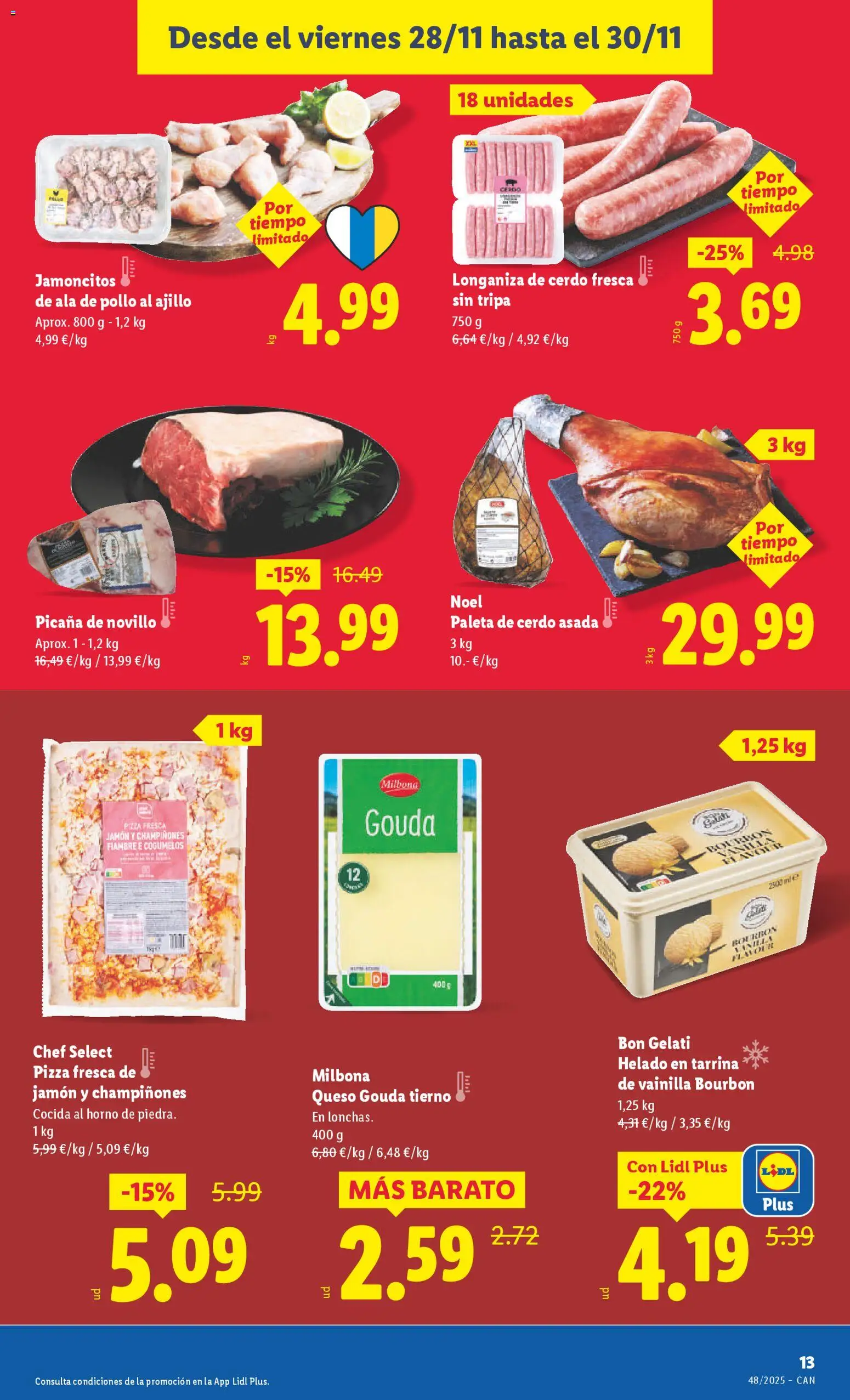 Lidl - Canarias  │ válido desde el 24.11.2025 | Página: 19 | Productos: Jamón, Pizza, Cerdo, Helado