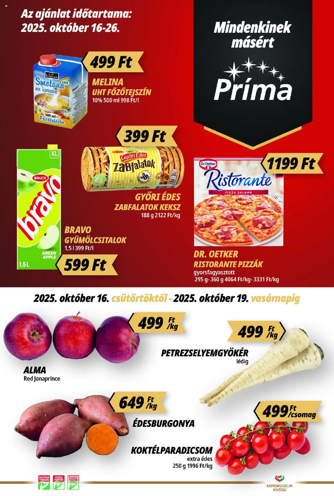 CBA Príma akciós ujság - amely érvényes a következő dátumtól: 16.10.2025 | Oldal: 1 | Termékek: Koktélparadicsom, Pizza, Alma, Keksz