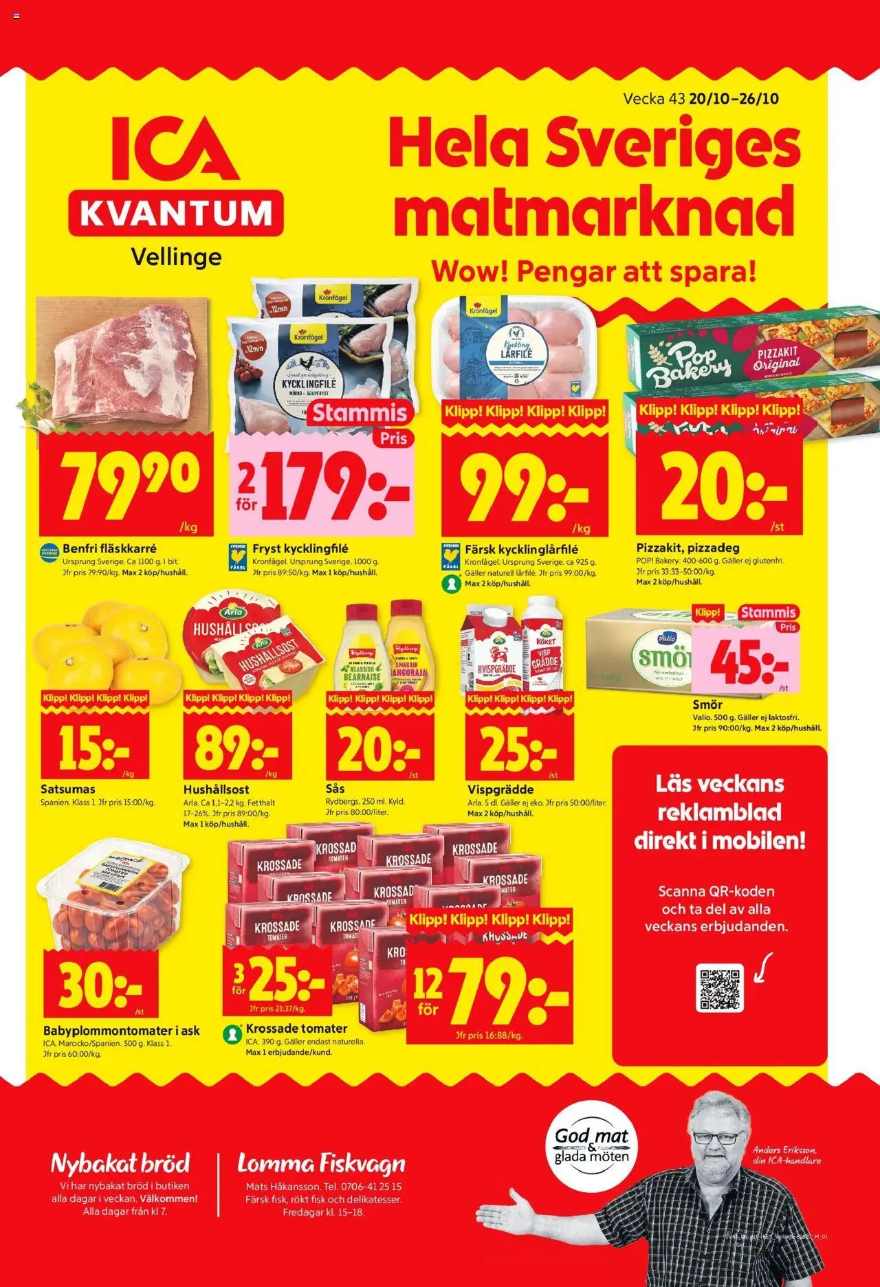 ICA Kvantum reklamblad aktuell från 20.10.2025 | Sida: 1 | Produkter: Kycklingfile, Hushållsost, Bröd, Tomater